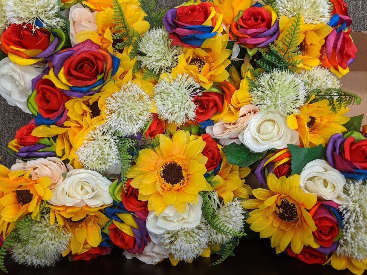 Ooki Tęczowy kolor słonecznik bukiet białe róże ślubne ręcznie robione wesele ręcznie rzucane sztuczny jedwab kwiat druhna boutonniere kwiatowy