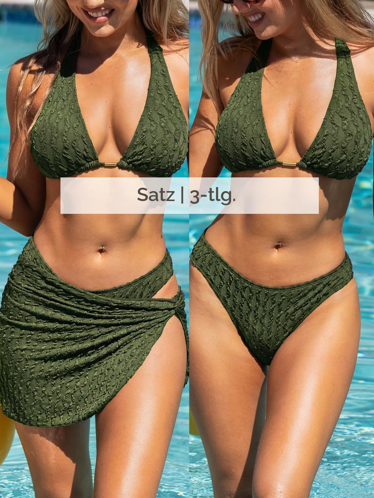 CUPSHE Bikini Damen Set Dreiteilig V Ausschnitt Neckholder Sarong Low Waist | Niedriger Bund, Für Strand und Pool,Badeanzug Schwimmanzug