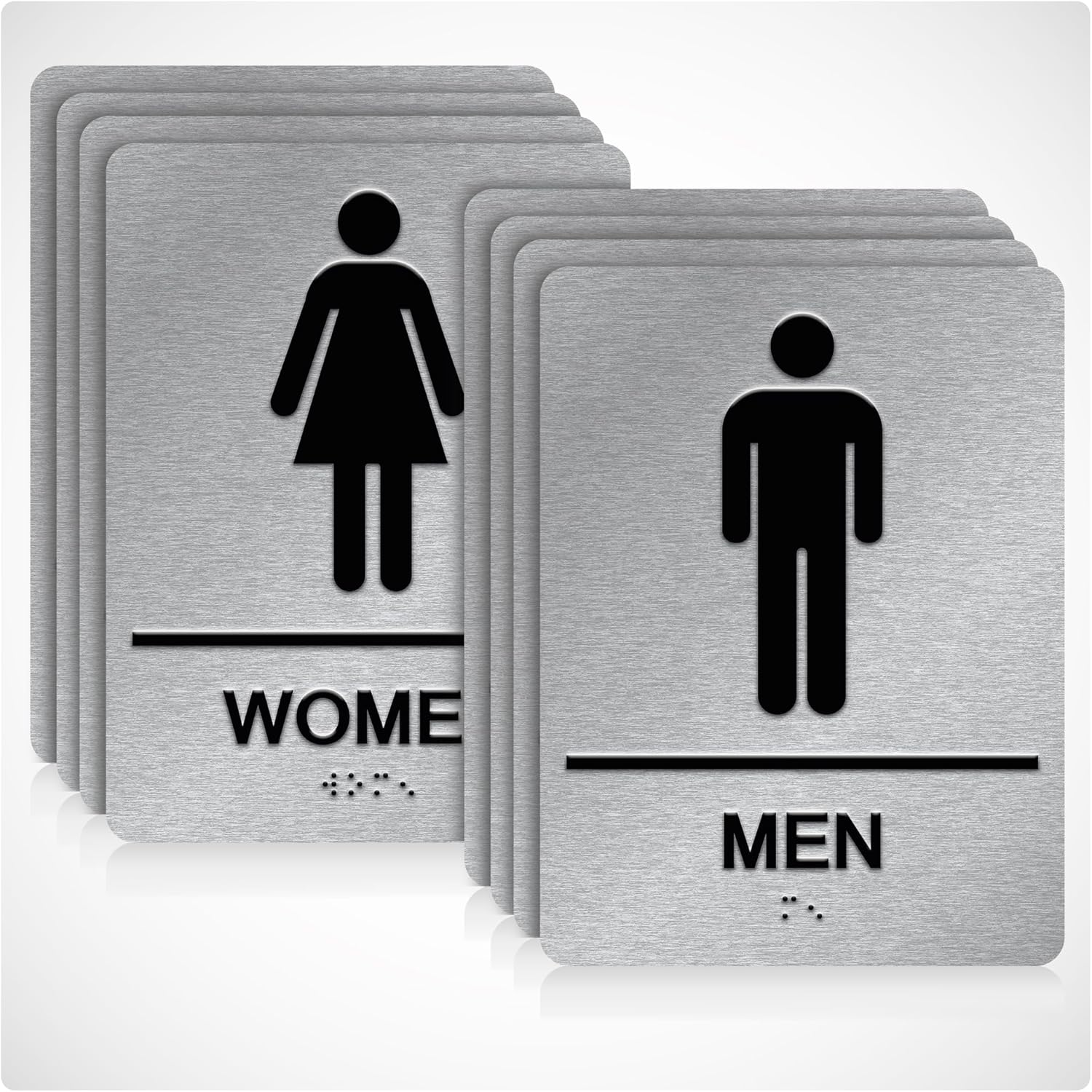 ADA Braille Men and Women Restroom Signs for Business with Double Sided 3M Strong Tape (Pack of 4) - Aluminum Bathroom Sign 6” x 8” for Offices and Restaurants