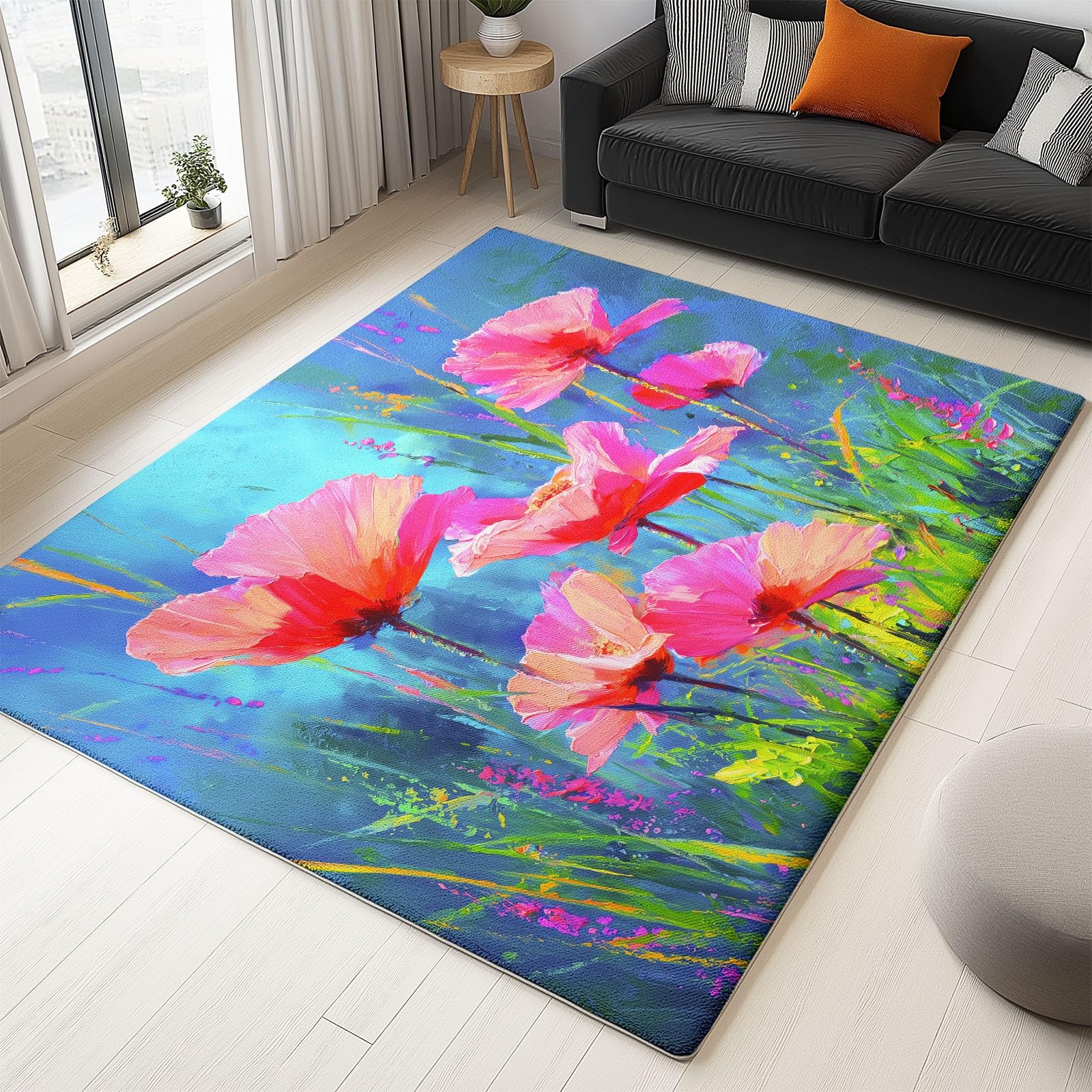 Dywan do salonu abstrakcyjny obraz olejny kwiaty trawa, krótki polar duże dywaniki 140 x 200 cm miękkie, zmywalne, idealne do sypialni, przedpokoju salonu, kuchni, biura, wnętrz niebieski