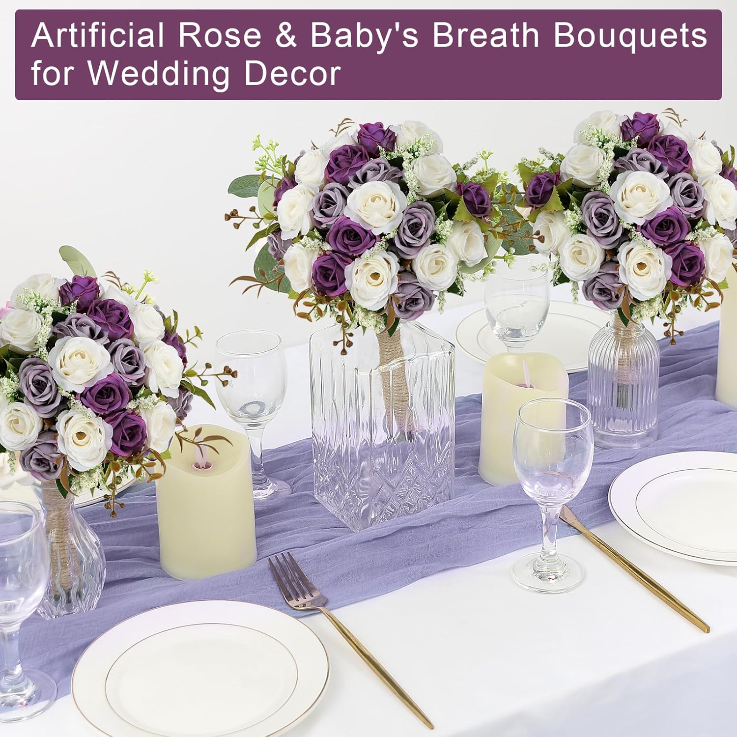 Set of 2 Bridesmaid Bouquets for Wedding - 7 Inch Artificial Ivory Flower Bouquet for Party Ceremony Anniversary Dinning Table Centerpieces Decor - Dusty Purple & White