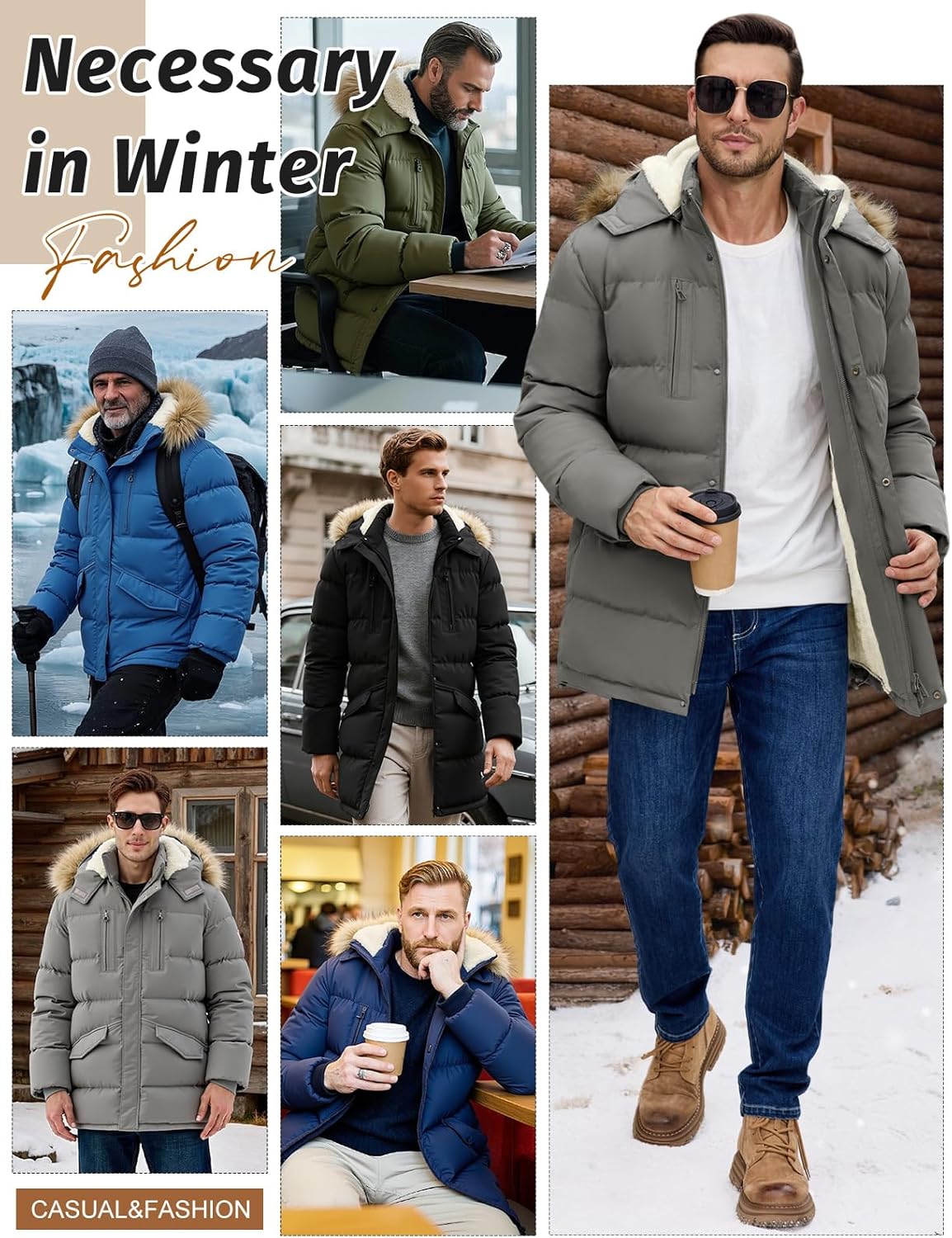Men's Long Winter Coat Warm Thicken Water Resistant Jacket Fleece Windproof Parka Coat with Detachable Hood - Image 6