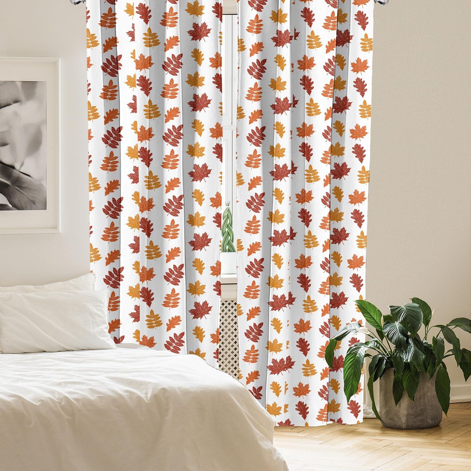 Ambesonne Burnt Orange Window Curtains, Various Fall Tree Leaf Sketches Repetition on Plain Backdrop, Lightweight Decorative Panels Set of 2 with Rod Pocket, Pair of - 28" x 95", Orange Paprika