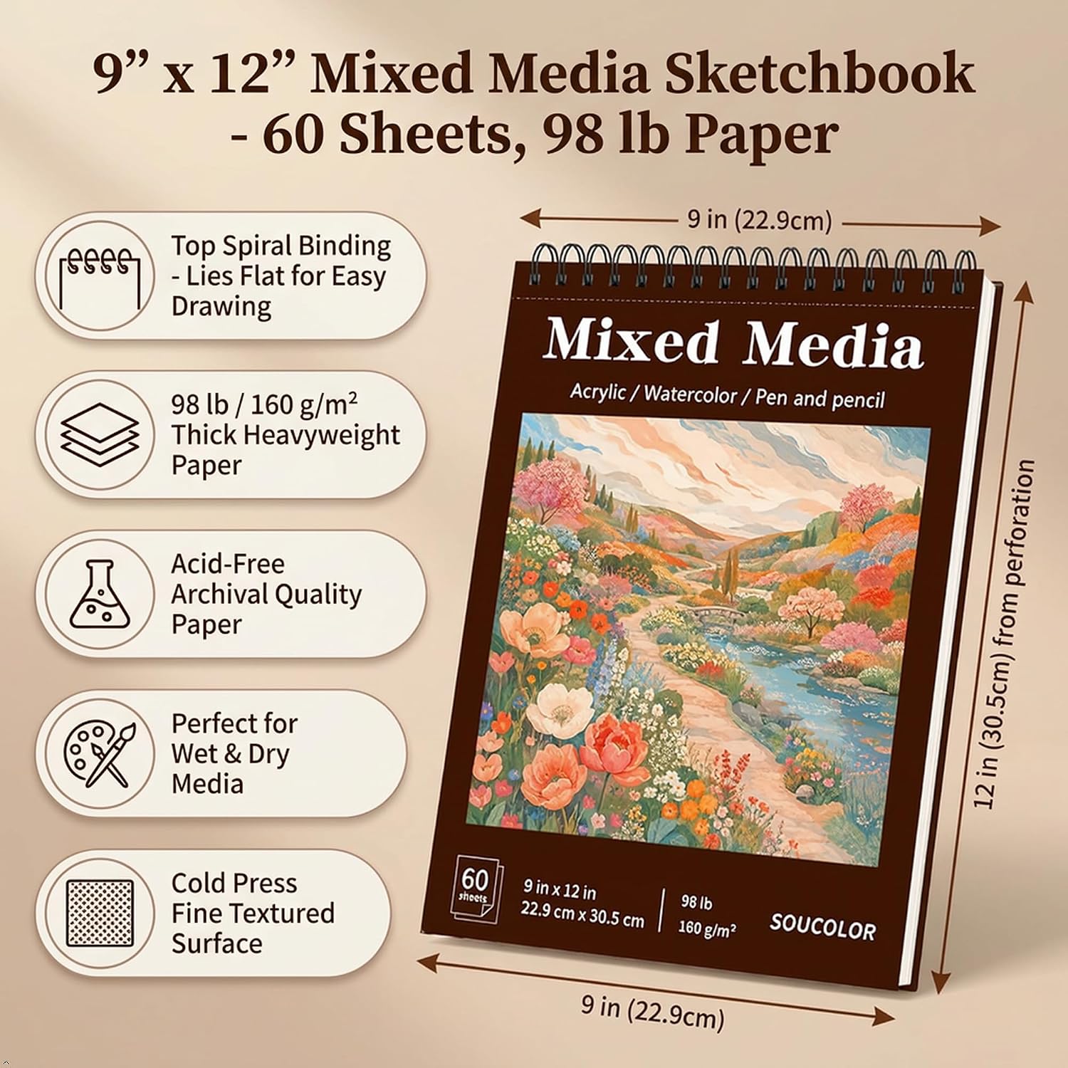 SOUCOLOR Mixed Media Sketchbook 9x12, 60 Sheets 98lb Paper, Spiral Bound image 3