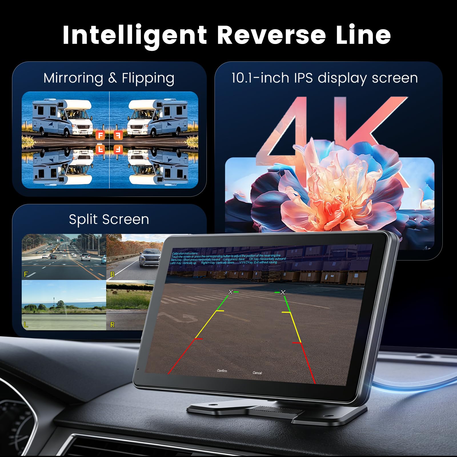 Hodozzy 4 Canali Telecamera di Retromarcia 4K Registrazione in Loop, Monitor Divise Touchscreen 10,1 Pollici con 4 Telecamere Posteriore Visione Notturna Telecamera, Telecamera Auto con BSD, Mirroring