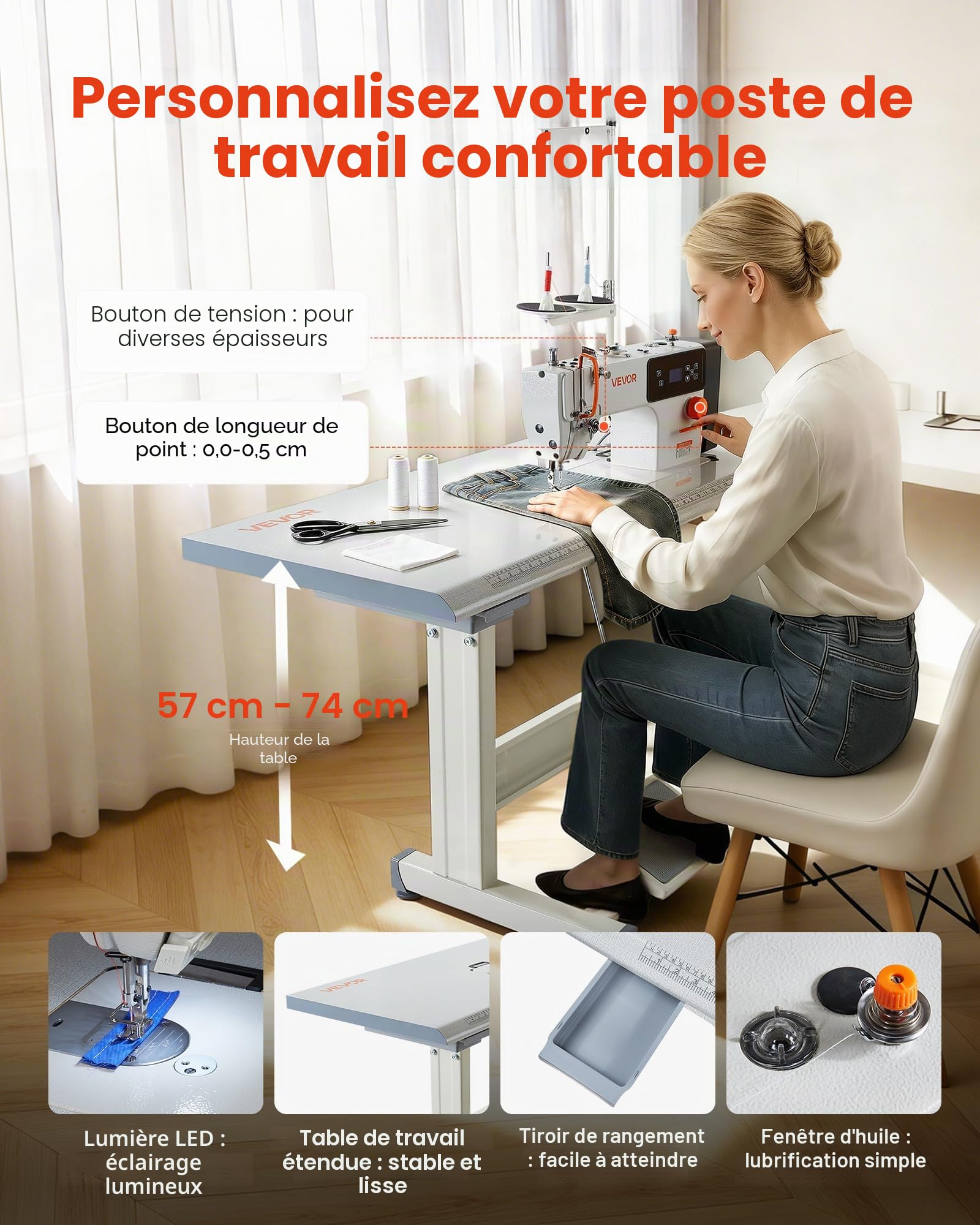 VEVOR Machine à Coudre Industrielle, 550 W Ensemble Machine à Point Noué avec Servomoteur et Table de Couture, Vitesse 5000 PPM, Coupe-fil Automatique, Écran LCD, Éclairage LED, pour Coton et Denim