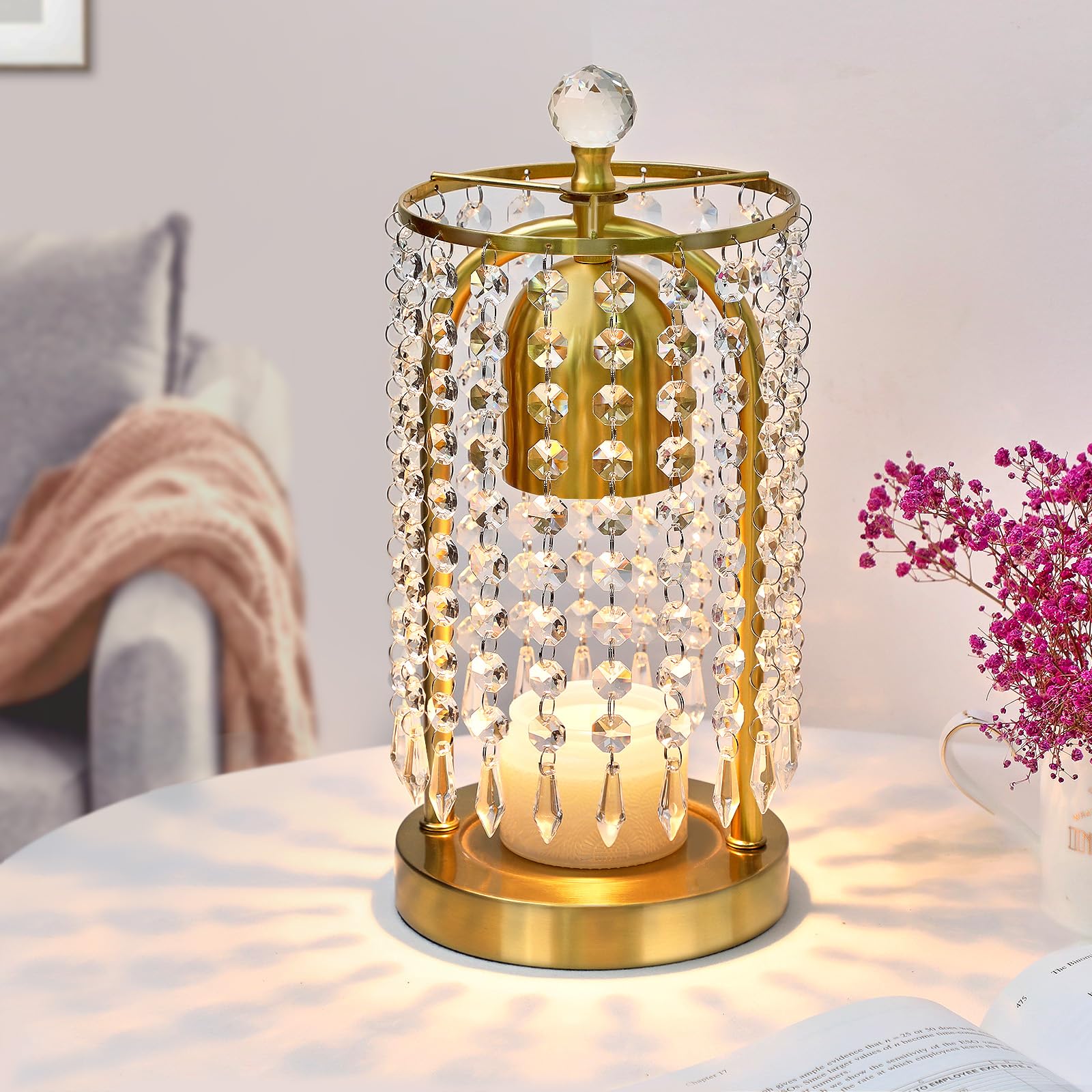 KunruiTAI Candle Warmer Lamp with Timer & Dimmable Crystal Candle Lamp,Compatible with Small and Large Candles,Gifts for Mom, Bedroom Home Decor Dimmable Wax Melt Warmer for with 2 Bulbs (Gold)