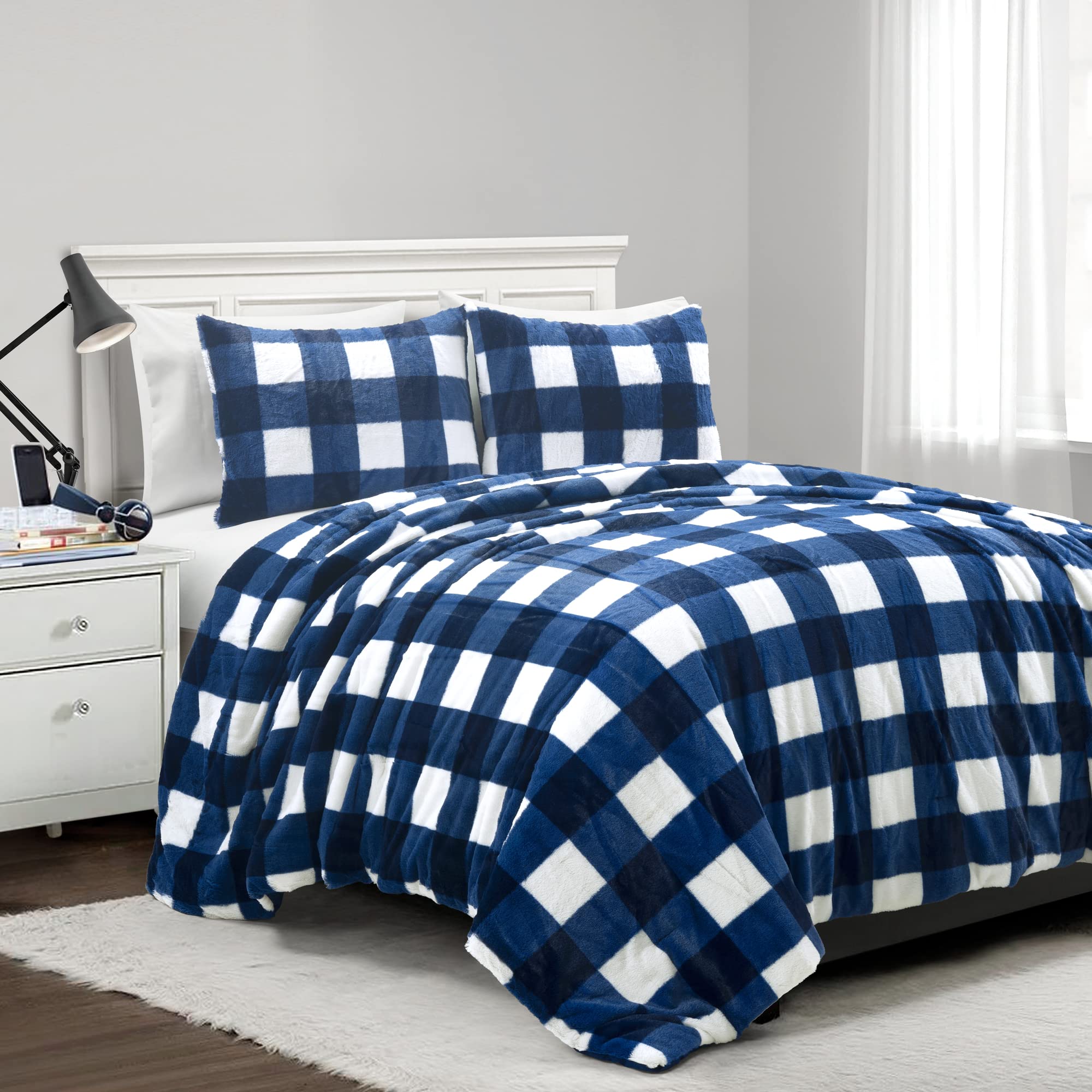 Lush Decor Plaid Soft Fluffy Faux Fur Comforter Set, Twin, Navy - Plush Light Weight All Season Kids College Dorm 2 Piece Bedding Set