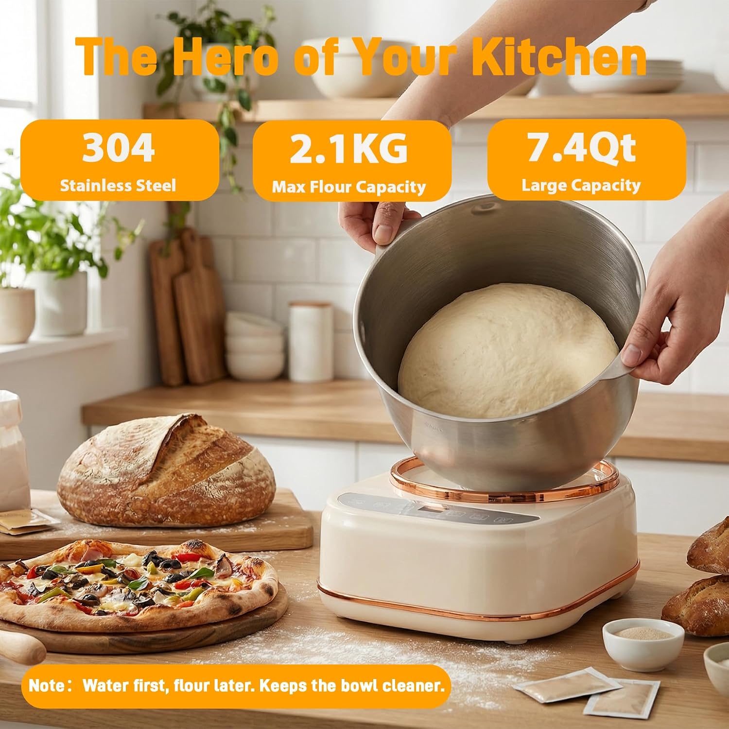 7.4QT Electric Dough Mixer with Ferment Function, Large Capacity Dough Maker Machine, 304 Stainless Steel Bowl,Face-Up Touch Panel, Timer Control, Commercial & Household Bread Mixer for Pizza image 2