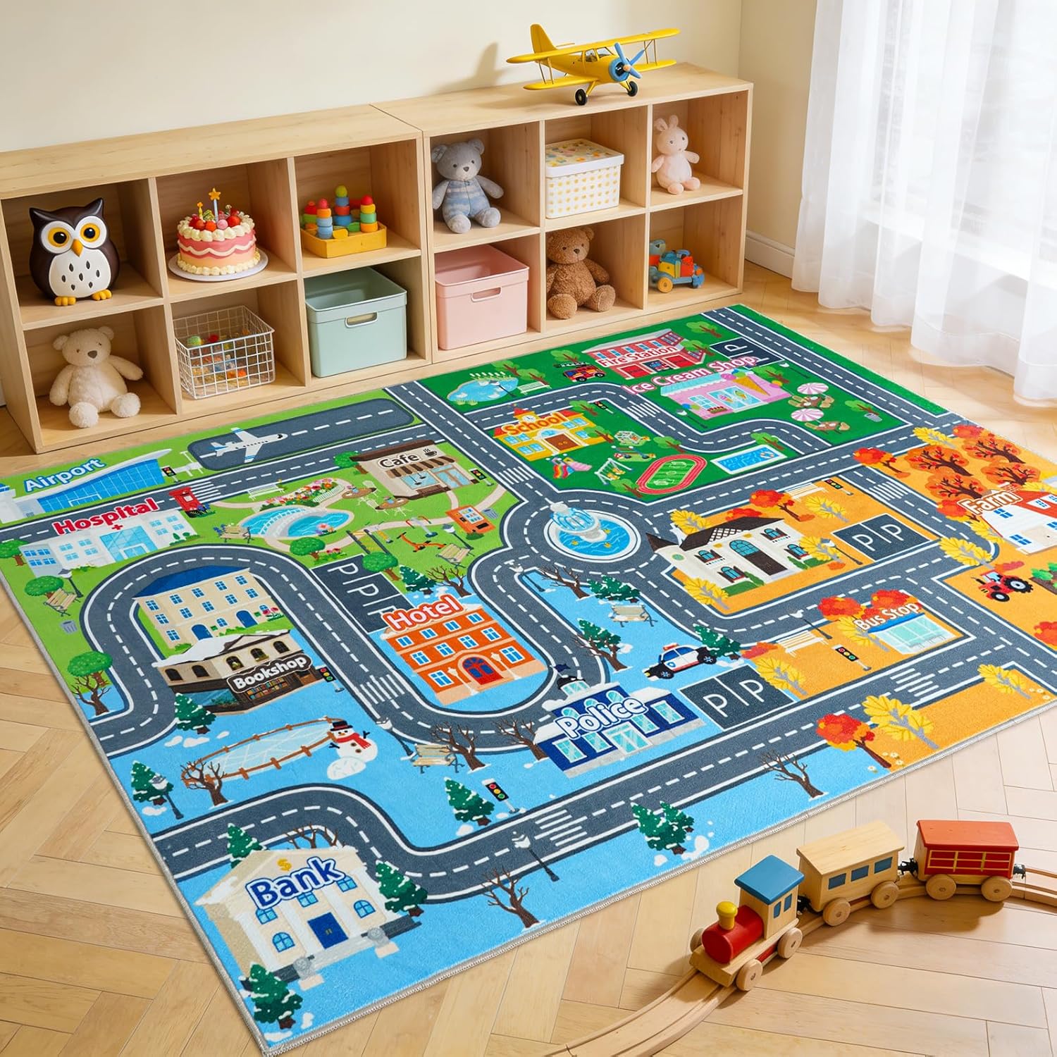 Car Rug Play Mat for Kids Toy Cars, 4' x 5' Town City Track Road Carpet, Non-Slip Machine Washable Town City Track Road Rugs Four Seasons Theme Traffic Mat for Kids Room Bedroom Game Safe Area