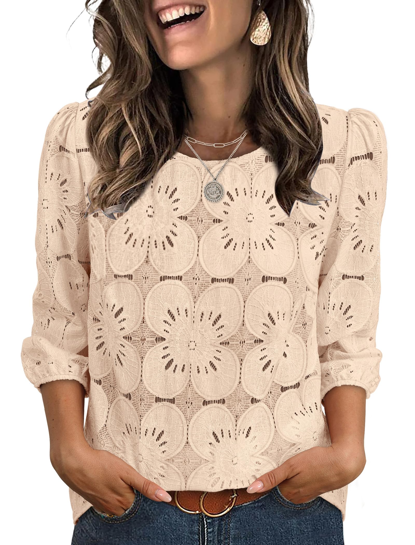Sampeel Women Blouses Dressy Casual 3/4 Length Sleeve Tops Eyelet Lace Spring Summer Shirts Beach Vacation Clothes — view 13