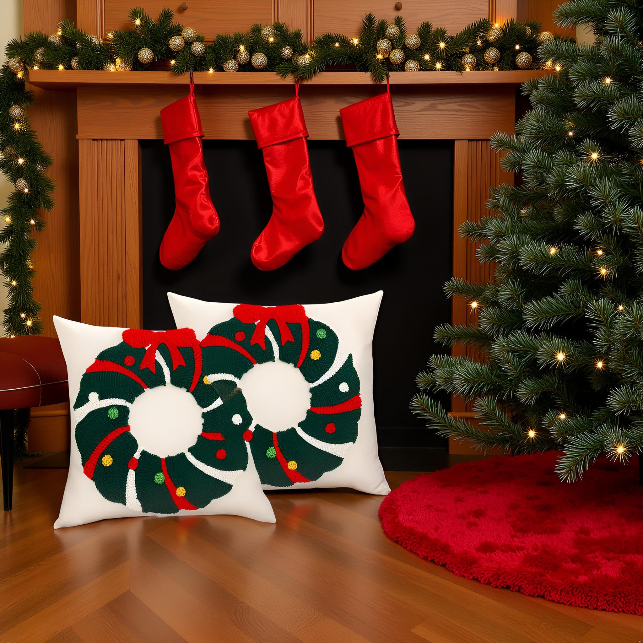 Tosleo Set di 2 federe natalizie con ghirlanda natalizia con fiocco, 45,7 x 45,7 cm, decorazioni natalizie a ciambella, in cotone, per divano, letto
