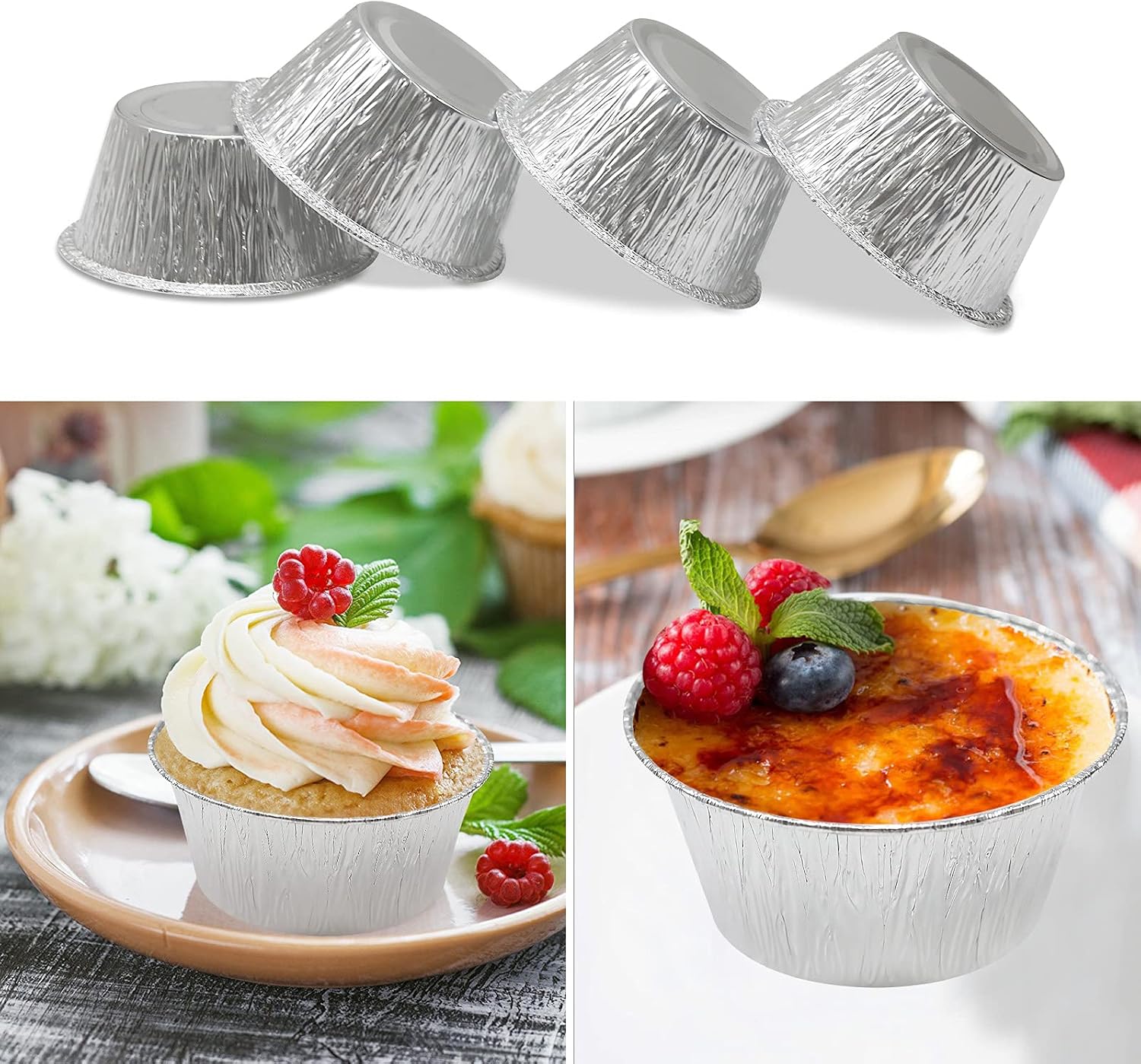 Aluminum Foil Baking Cups, 200 Pack Disposable 4 Oz Ramekins Aluminum Cupcake Muffin Liners Silver Foil Baking Cups for Cupcake, Muffin, Creme Brulee, Egg Tart, Souffle, Pudding