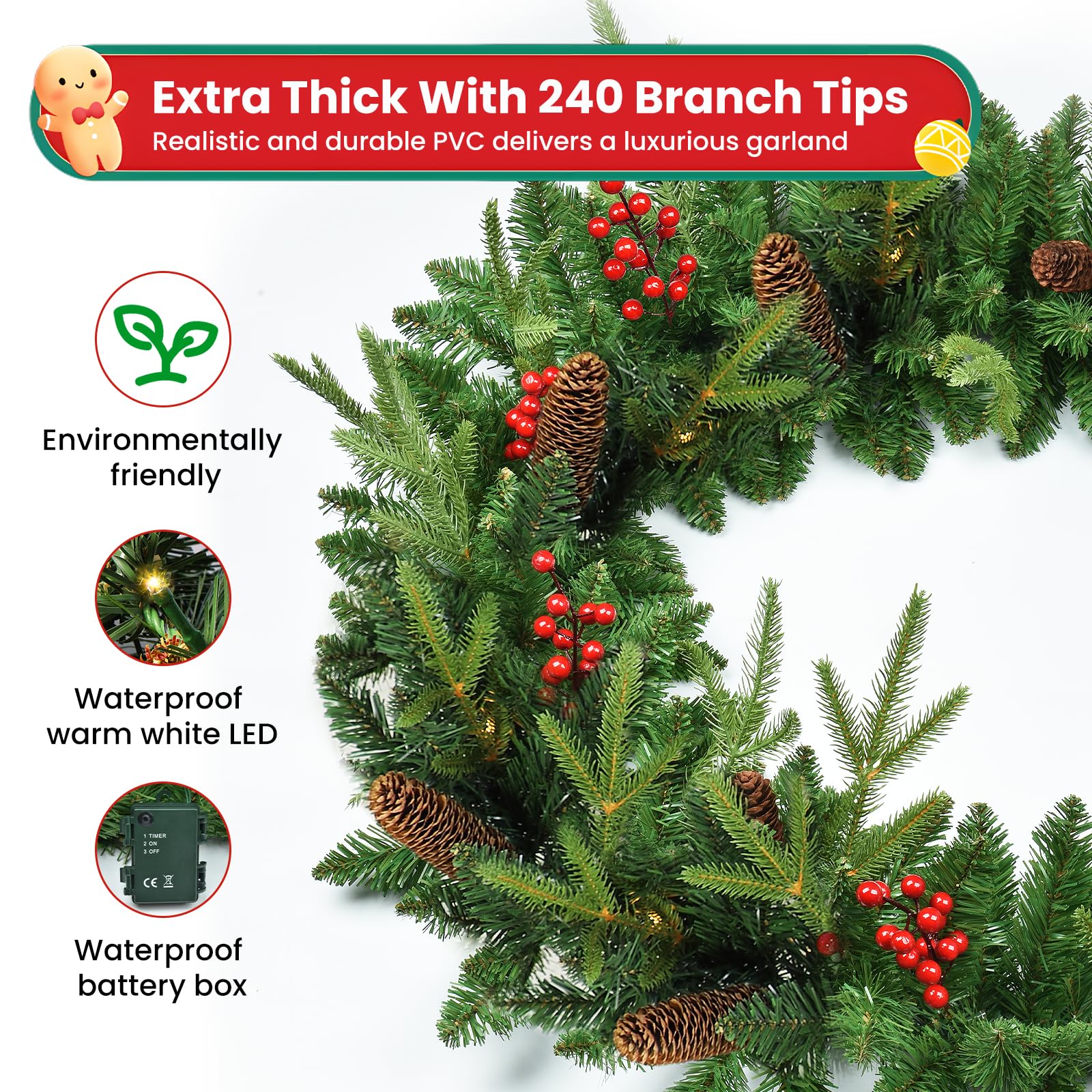Guirlande de Noël 2,7 M, Rintea Guirlande Sapin Artificiel avec Lumières 30 LED, Étanche Couronne de Noel, Decoration de Noël pour Jardin Mur Cheminée Escalier Sapin de Noel