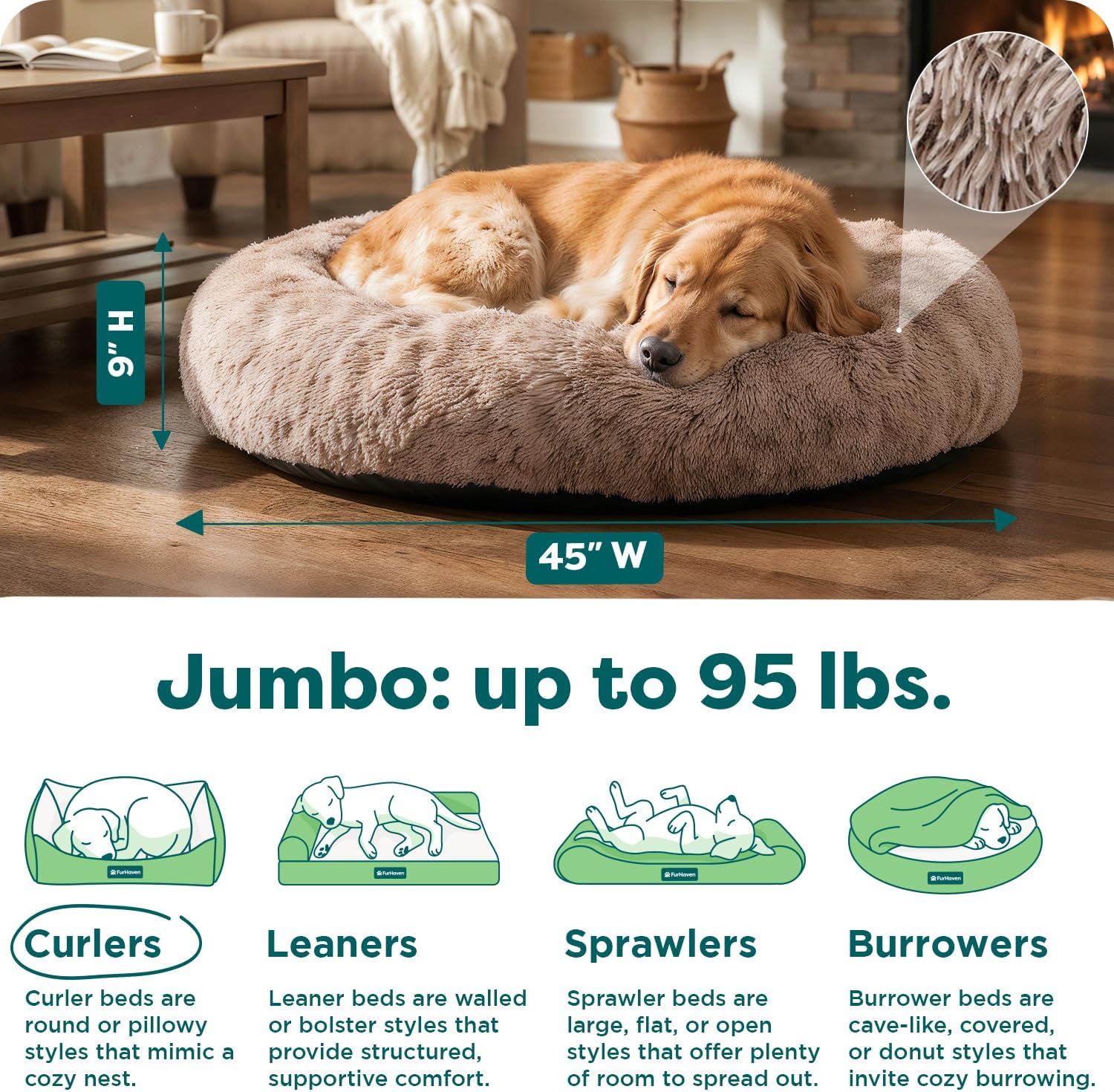 Furhaven 45" Round Calming Donut Dog Bed for Large Dogs, Refillable w/ Removable Washable Cover, For Dogs Up to 90 lbs - Shaggy Plush Long Faux Fur Donut Bed - Taupe, Jumbo/XL