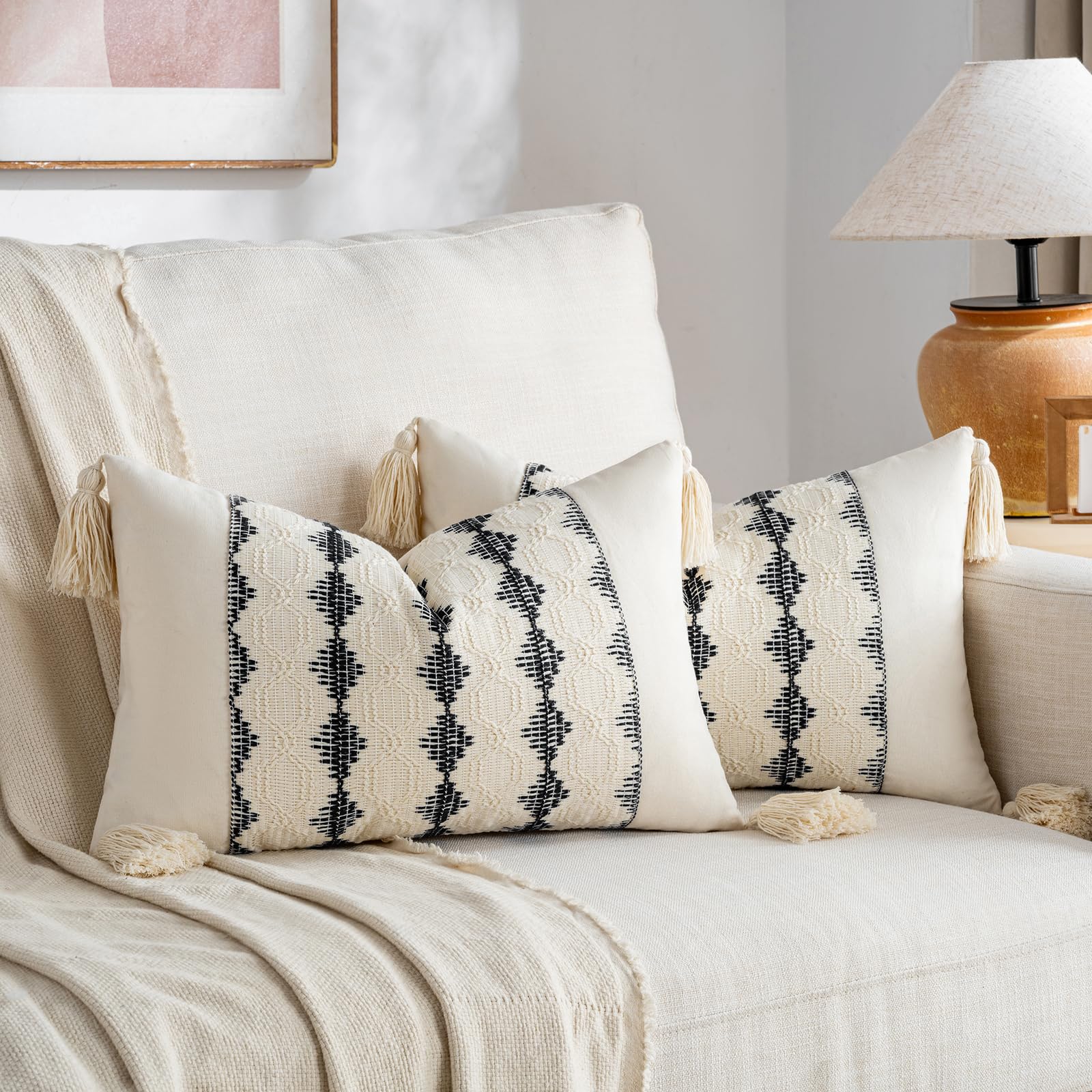 Fancy Homi Set of 2 Burnt Orange Lumbar Decorative Throw Pillow Covers 12x20 Inch for Couch Bed Sofa Living Room, Aesthetic Organic Farmhouse Home Decor, Woven Textured Cushion Case with Tassels