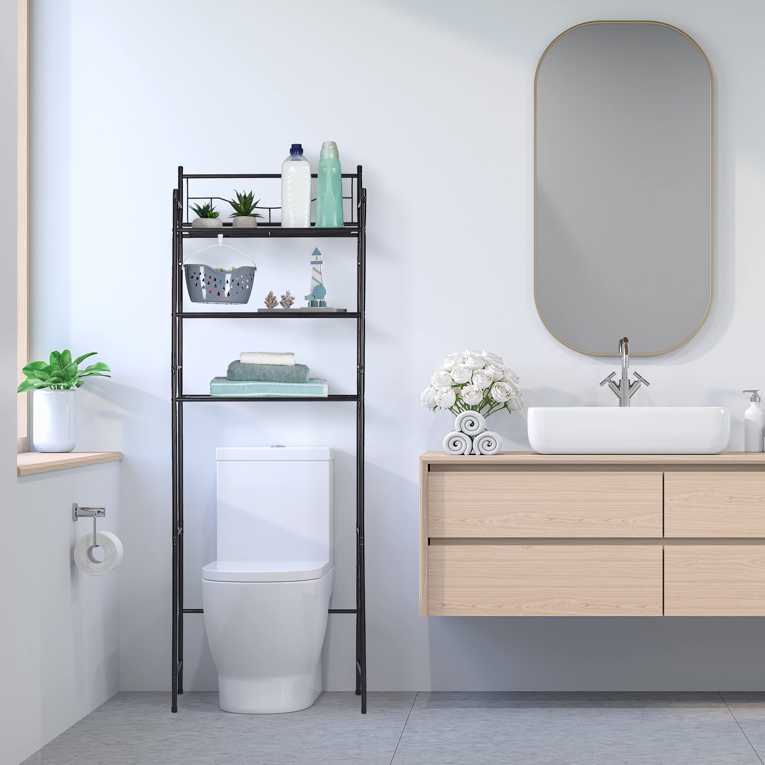 Relaxdays Überbauregal Metall, 3 Ablagen, HBT 165x58x25 cm, schwarz | Toilettenüberbau
