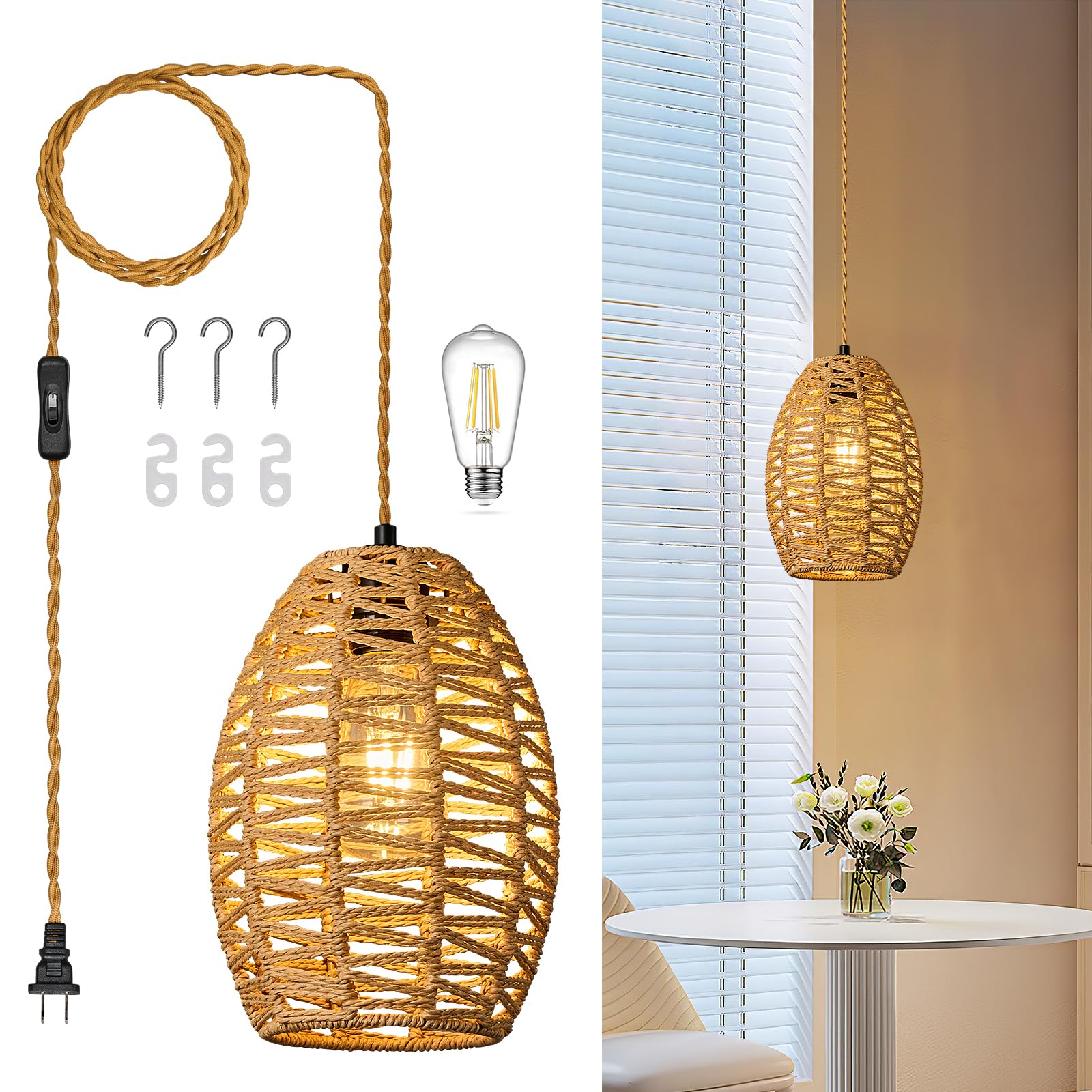 ZPBSJ Rattan Plug in Pendant Light Boho Chandelier Brown Height Adjustable Pendant Lights E27 Pendant Lamp for Bedroom Living Room Farmhouse(1Pack)