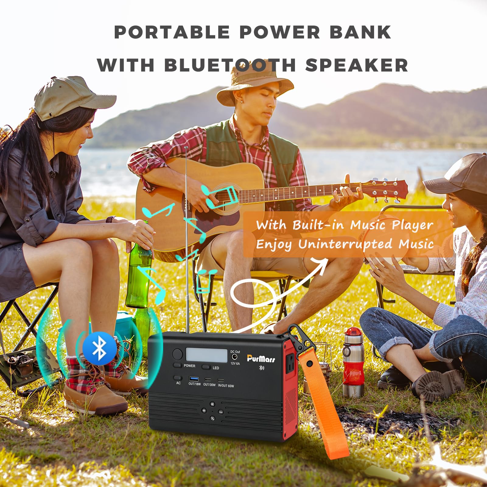 Stazione di ricarica portatile Purmars,power bank da 92Wh/100W:altoparlante Bluetooth,radio FM,ricarica rapida PD,uscita CA 230V e porte multiple.ideale per il campeggio e l'alimentazione di emergenza