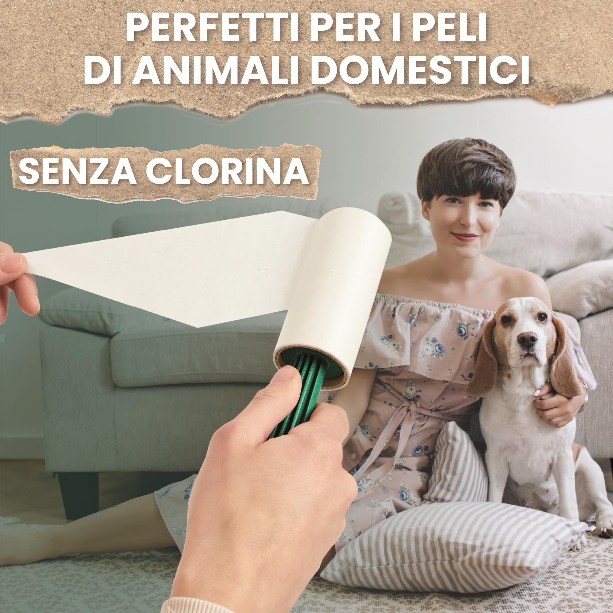 Today Eco - Spazzola levapelucchi 95% Riciclata - 28 Rotoli + Cover + 2 Manici, 24 strappi. Rullo togli peli Animali, spazzola adesiva cane e gatto - Made in Italy