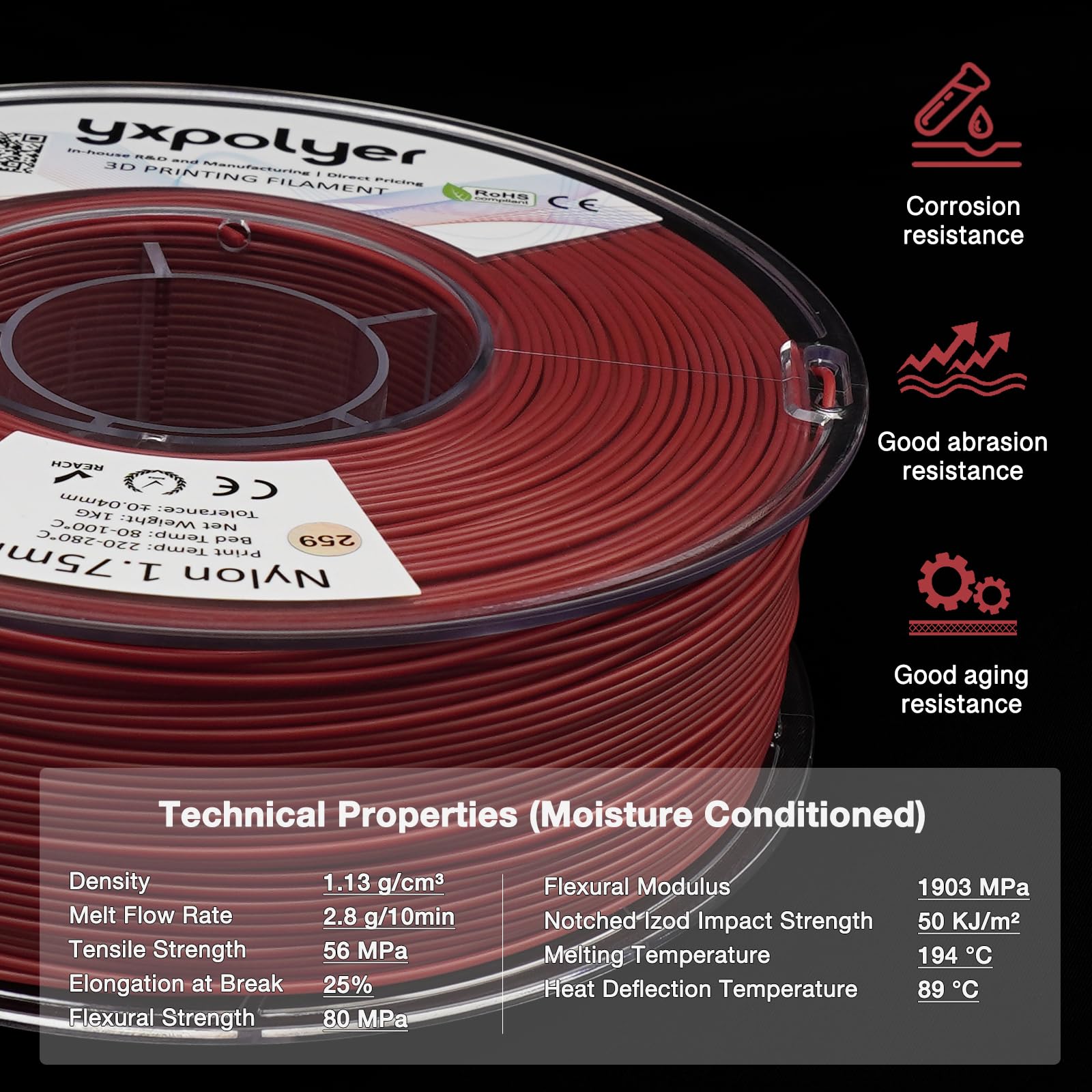 YXPOLYER Filament nylonowy PA6, 1 kg, z odporną na wysoką temperaturę szpulą kompatybilną z AMS, filament do drukowania 3D, szybki Easy PA, 1,75 mm