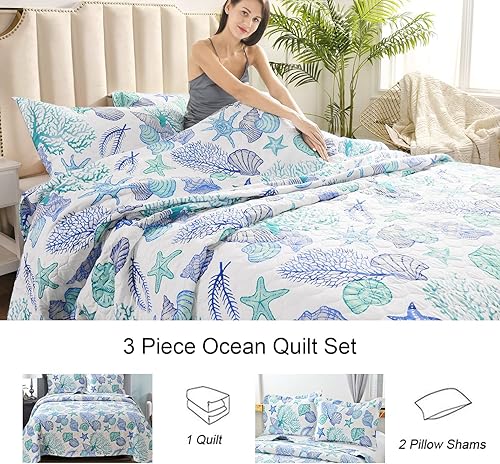Miniatura 7 de Ycosy Juego de edredón de playa costera de 3 piezas, tamaño matrimonialqueen, juego de ropa de cama con temática oceánica, color azul y verde,
