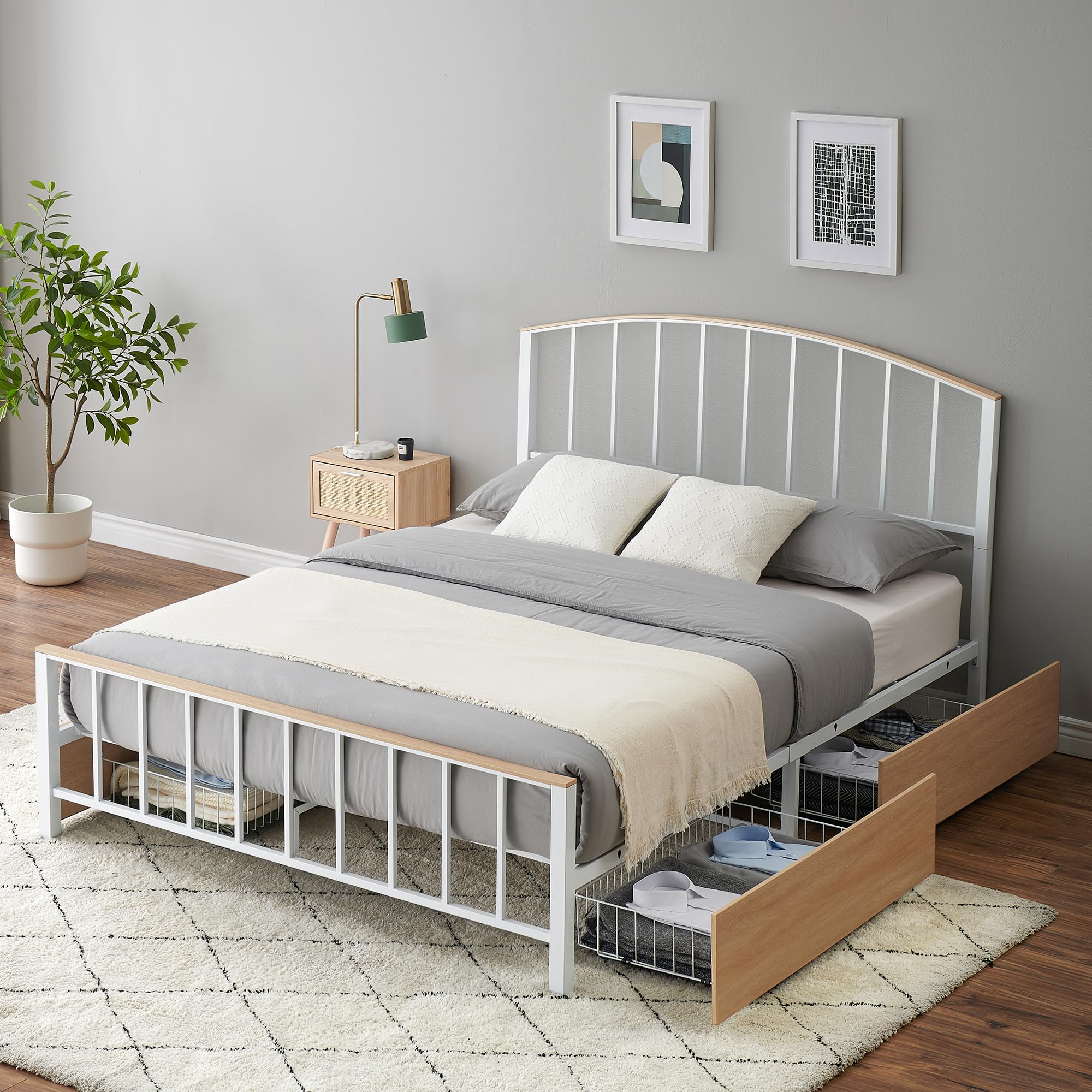 GAOMONMetal Bed Frame with Headboard, Full Size Platform Bed Frame with 4 Storage Drawers, Heavy Duty Metal Slat Support, Under-Bed Storage Space, No Box Spring Needed, 600bls (Full)