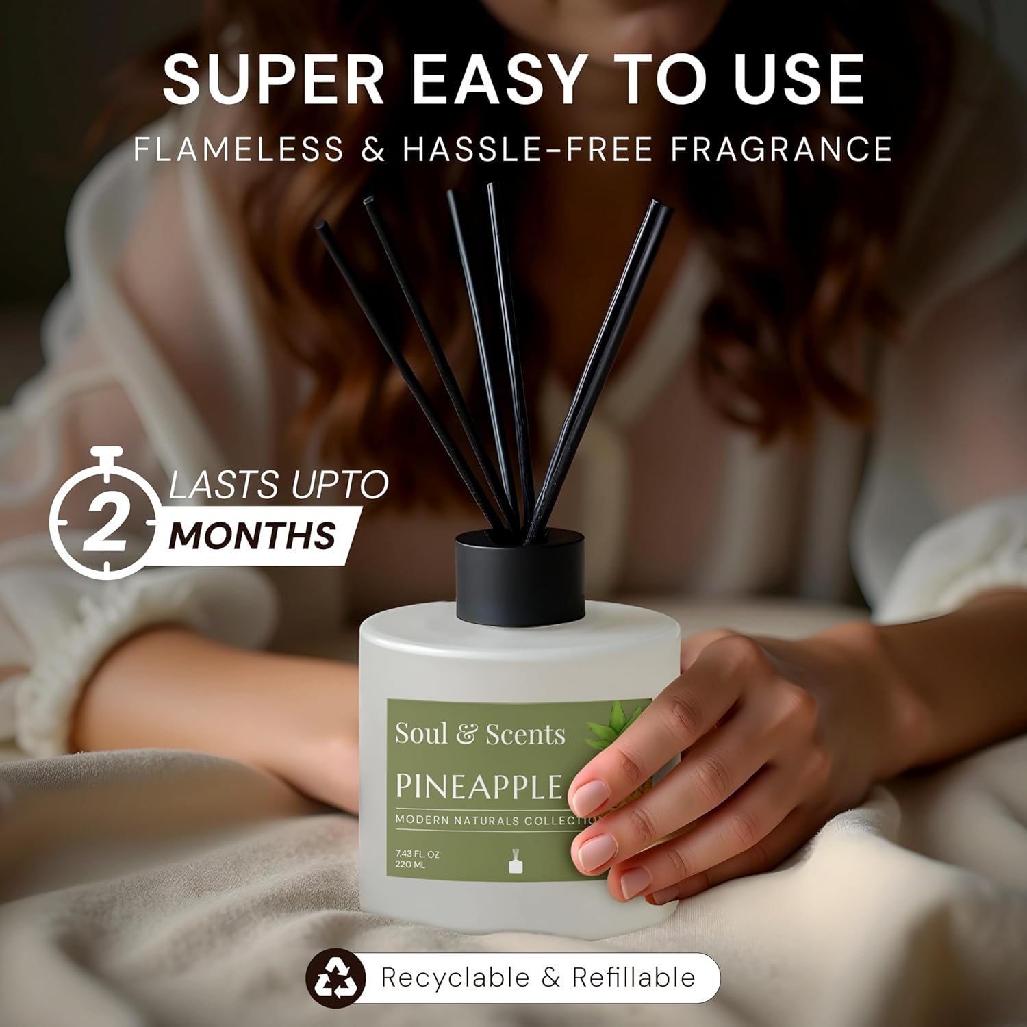 Soul & Scents Reed Diffuser Set – Pineapple | 7.43 oz Refillable Scented Oil with 6 Fiber Sticks | Long-Lasting Home Fragrance & Air Freshener for Bedroom, Bathroom, Office | Gift & Décor Piece - Image 4