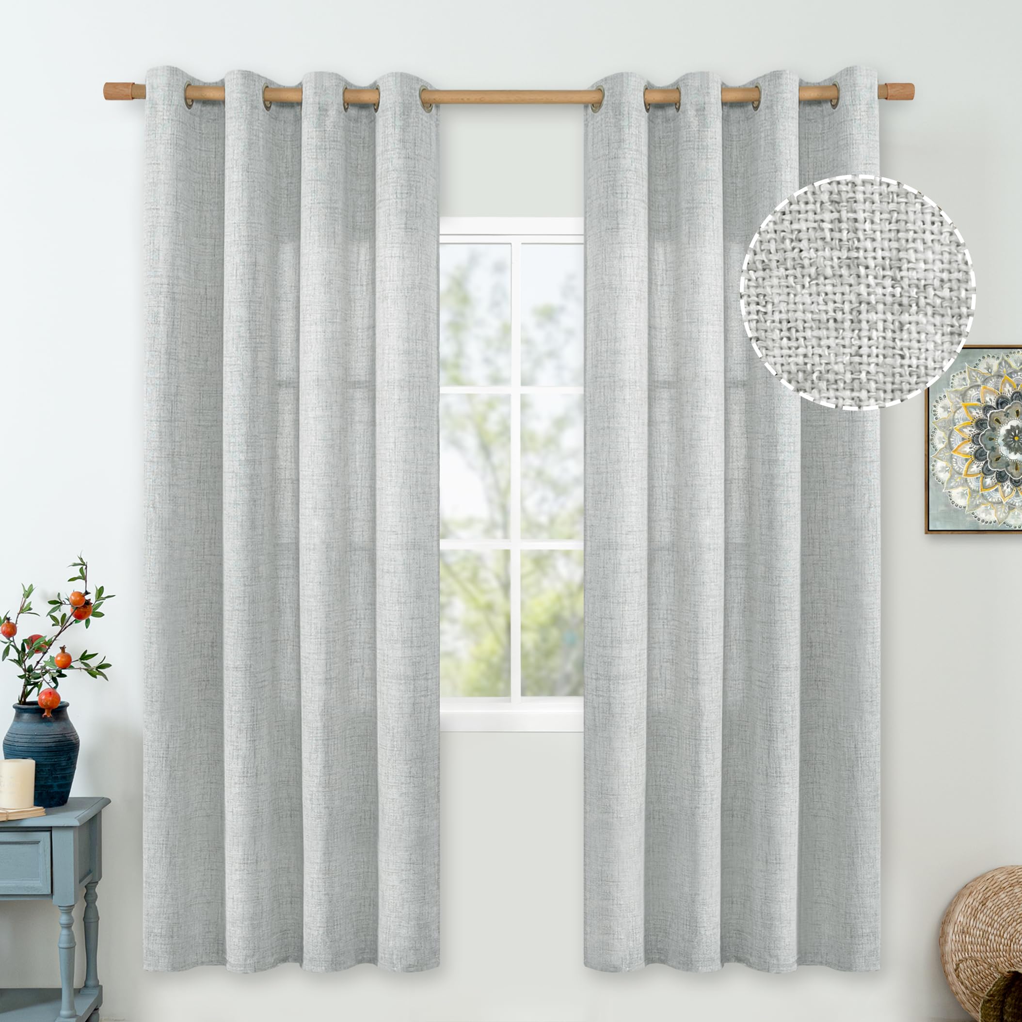 QUEMAS Light Grey Linen Curtains 72 Inch Length 2 Panels for Bedroom/Dining Room, Thick Burlap Curtains for armhouse Light Filtering Semi Sheer Non See Through Grommet Window Drapes, 52 Inch Wide