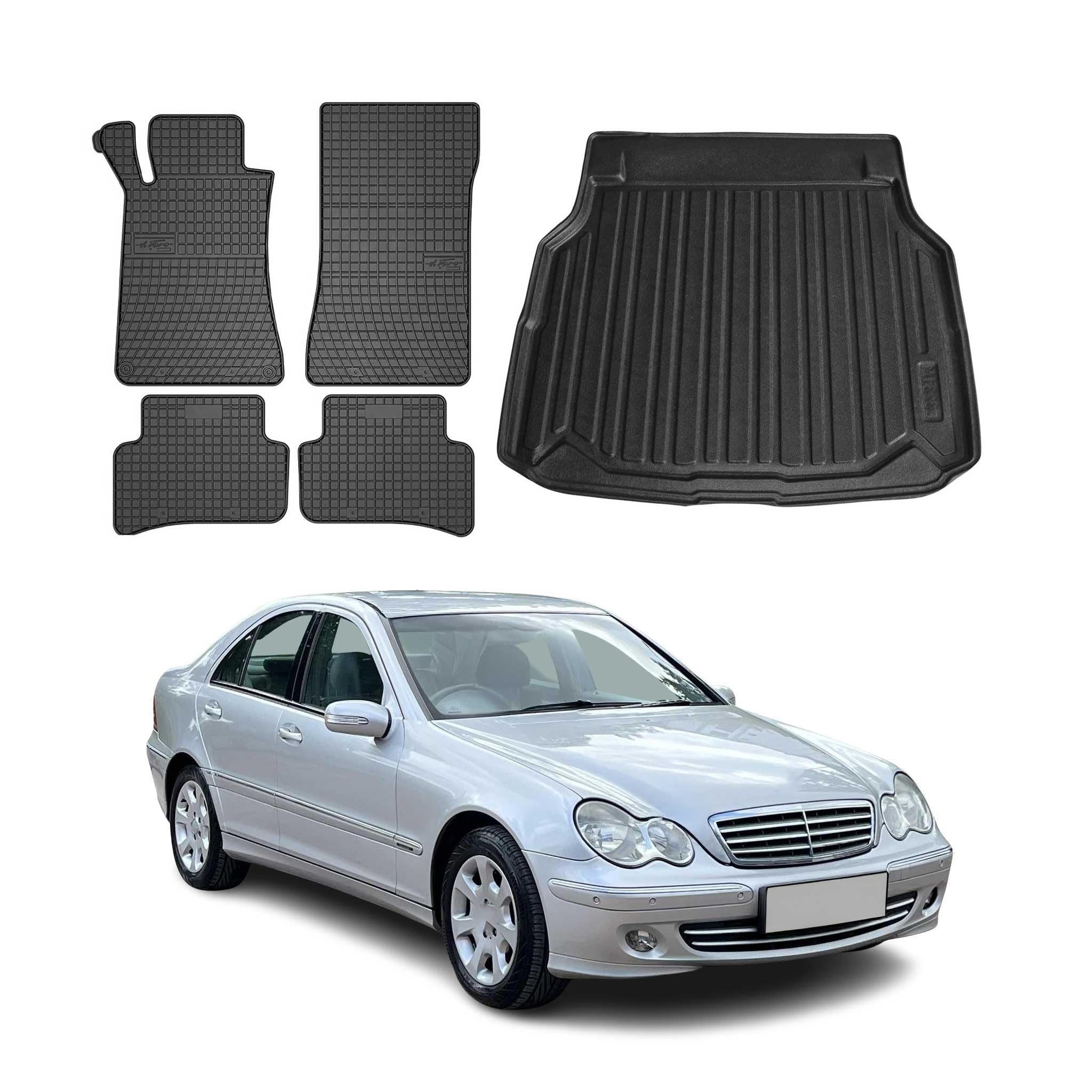 OMAC Fußmatten & Kofferraumwanne Set kompatibel mit Mercedes C Klasse W203 2000-2007 Gummi 5X