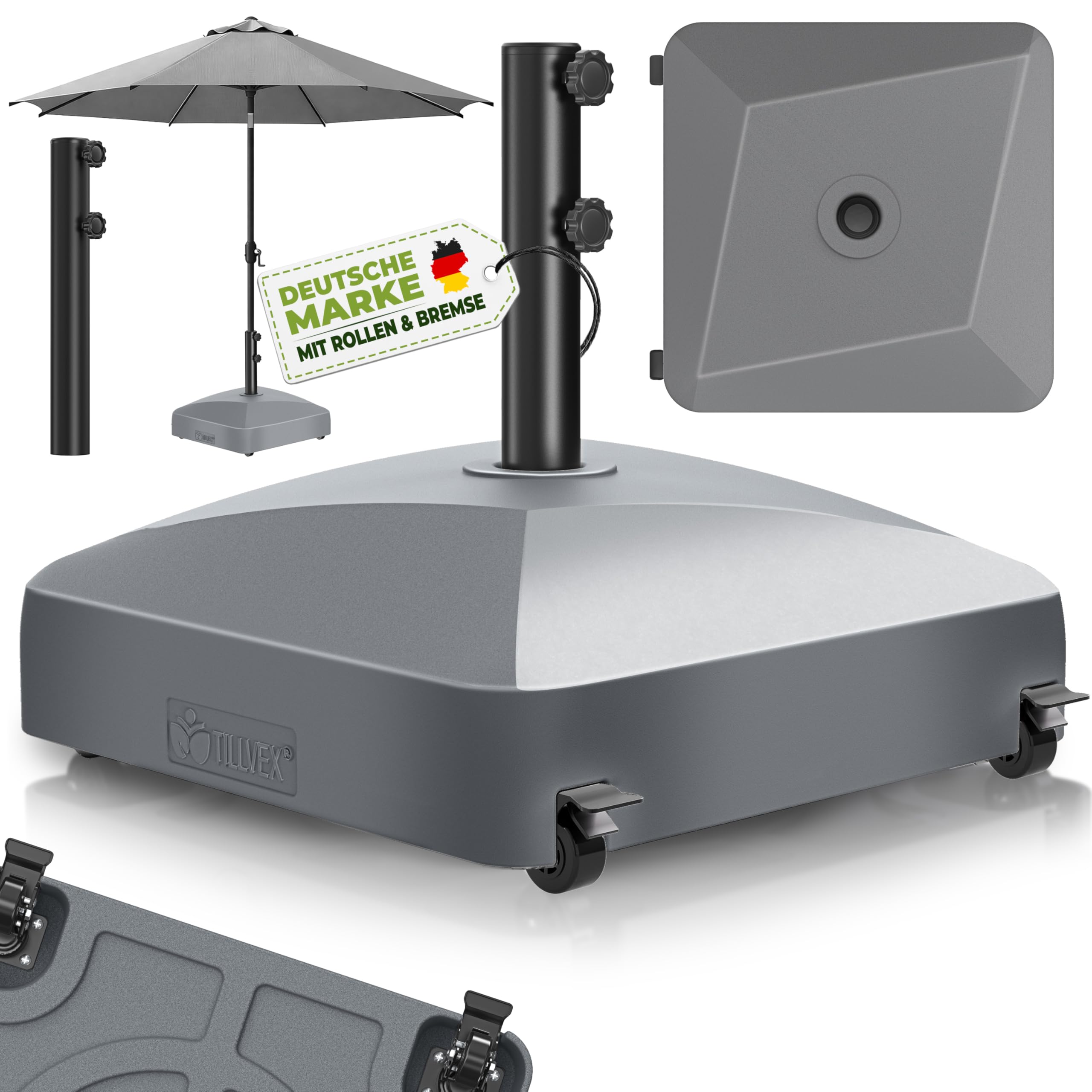 tillvex® Sonnenschirmständer GRAVIA mit Rollen & Bremsen | Schirmständer befüllbar 37 Liter / 56 kg | Schirmgewicht Sonnenschirm & Marktschirm Ø 1,8-3,7m | Wetterfest & UV-beständig