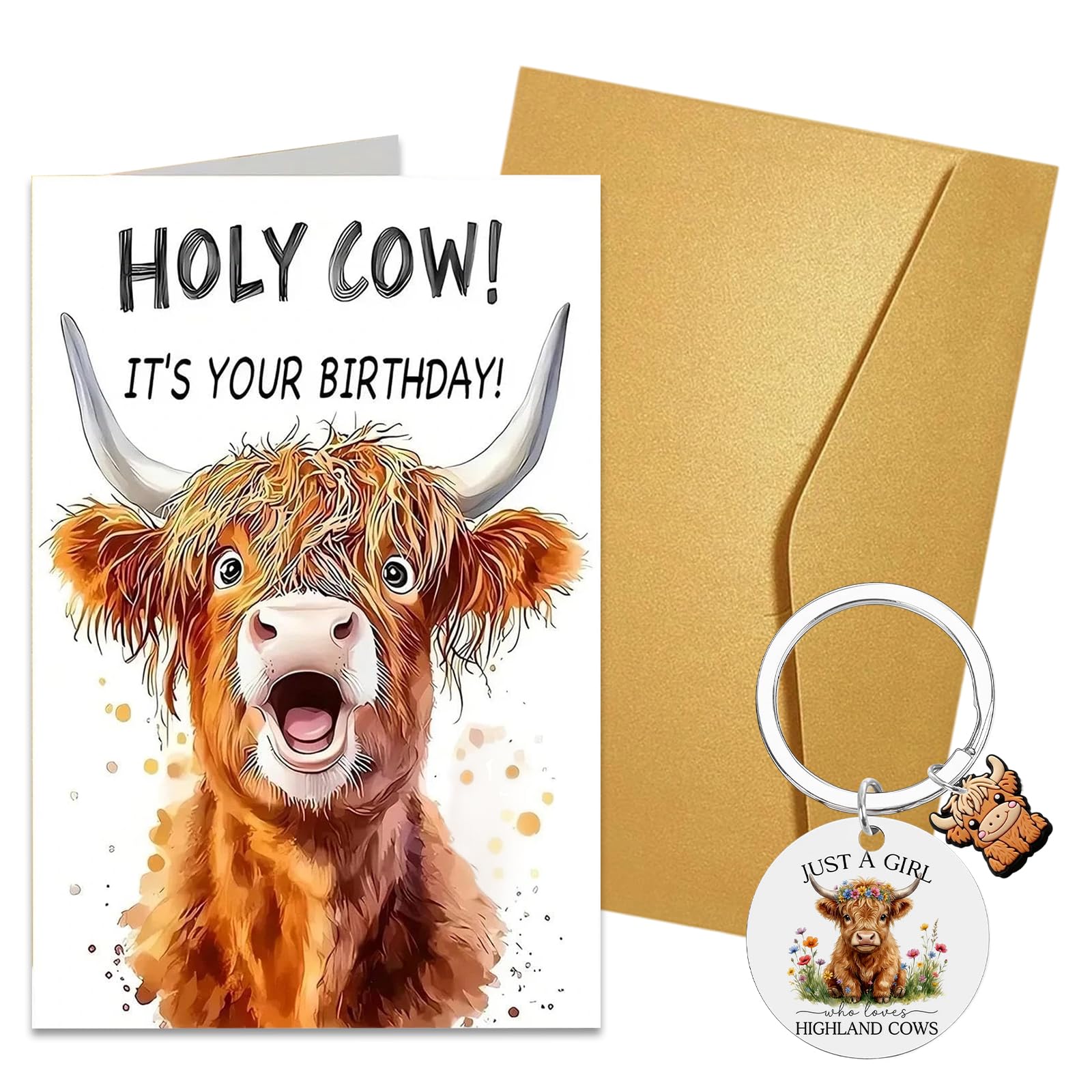 2Pcs Highland Cow Birthday Card with Keyring, Highland Cow Card with Envelope, Scottish Cows Gifts for Women Men Birthday Party