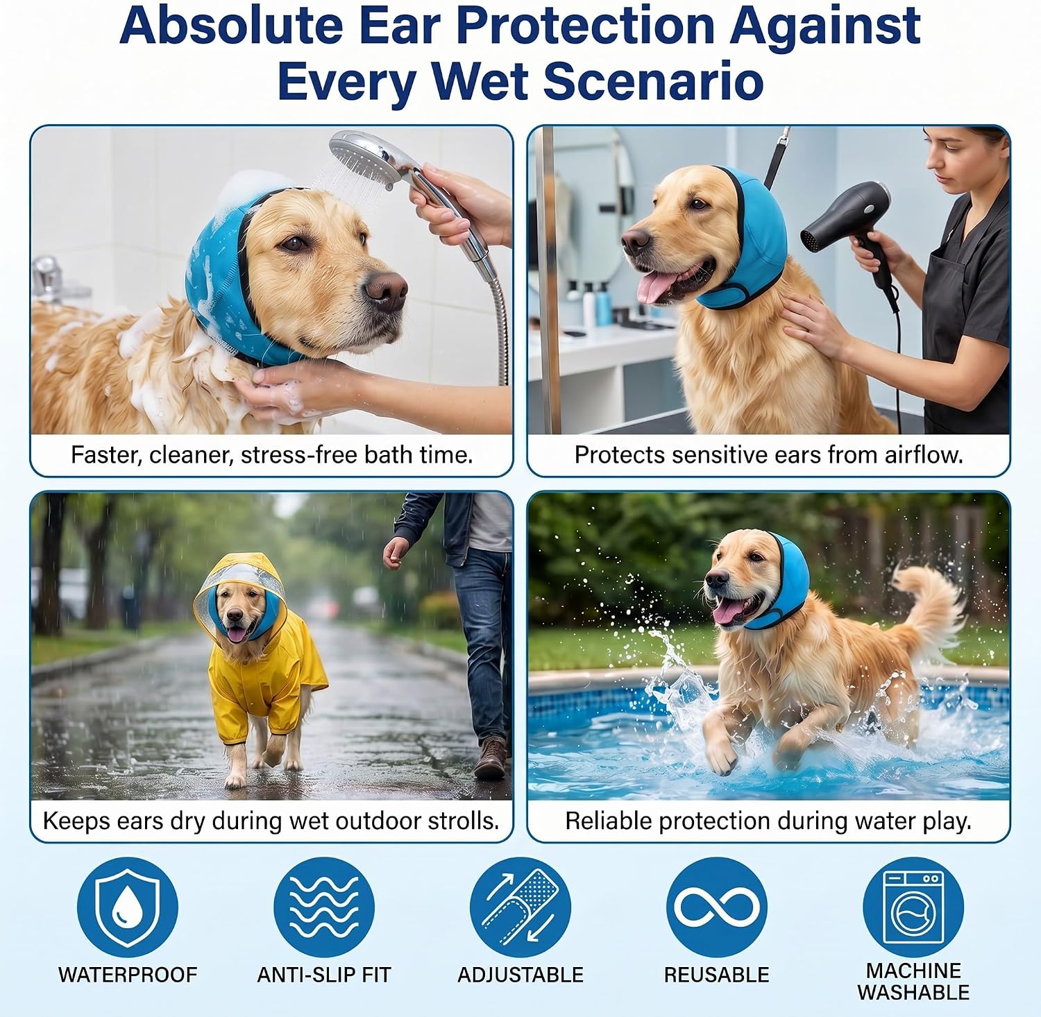 Dog Ear Covers for Bath: Waterproof Ear Wraps Keep Water Out During Bath Time - Reduce Ear Infection Risk By 97% - Anti-Slip Fit for Large Breeds Golden/Lab/Shepherd