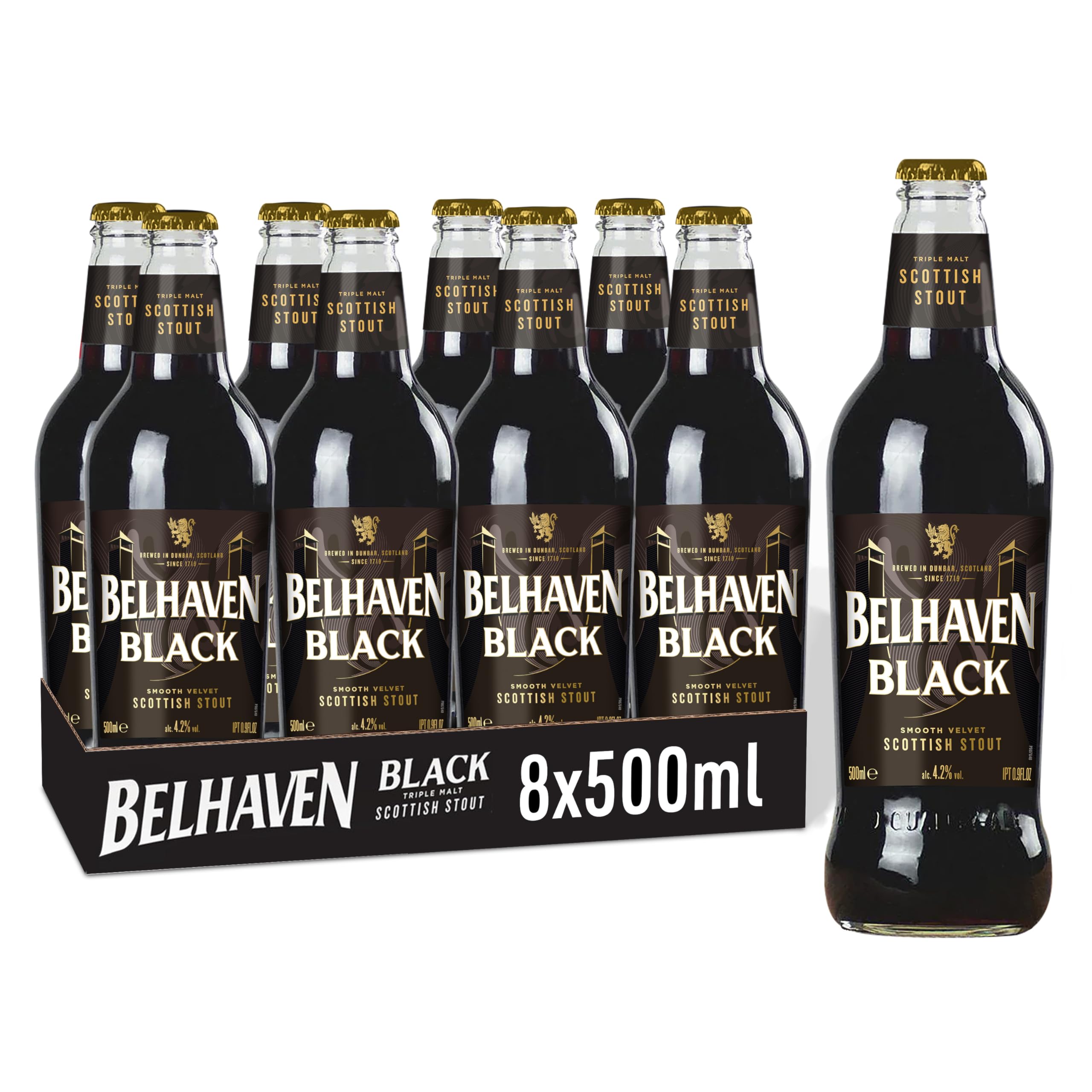Belhaven Black Scottish Stout – 8 x 500ml Bottles | Smooth & Roasted Dark Beer Case