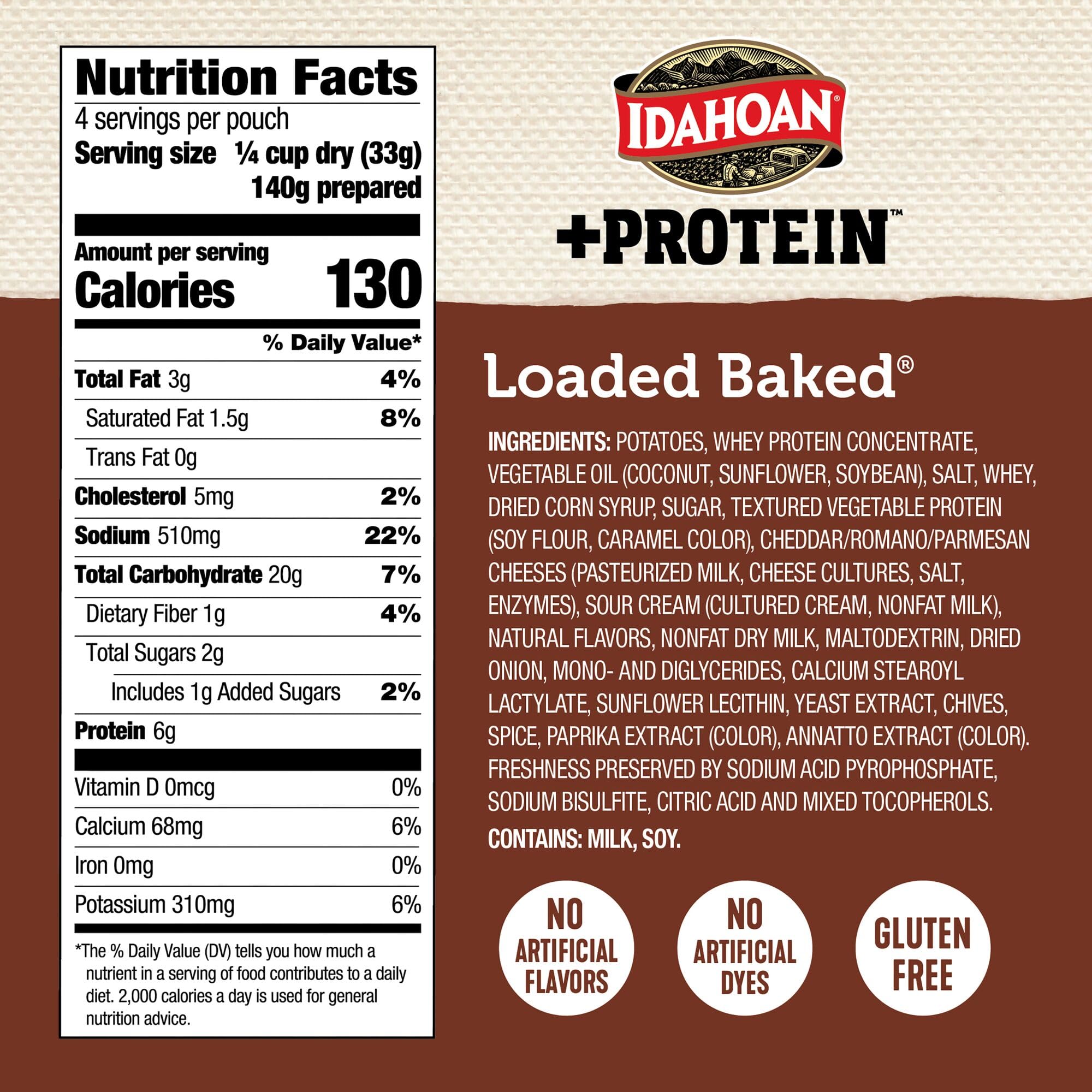 Idahoan Loaded Baked +Protein Mashed Potatoes, Naturally Gluten-Free, 100% Real Idaho Potatoes, 4 servings per bag, 4.6 ounce (Pack of 10)