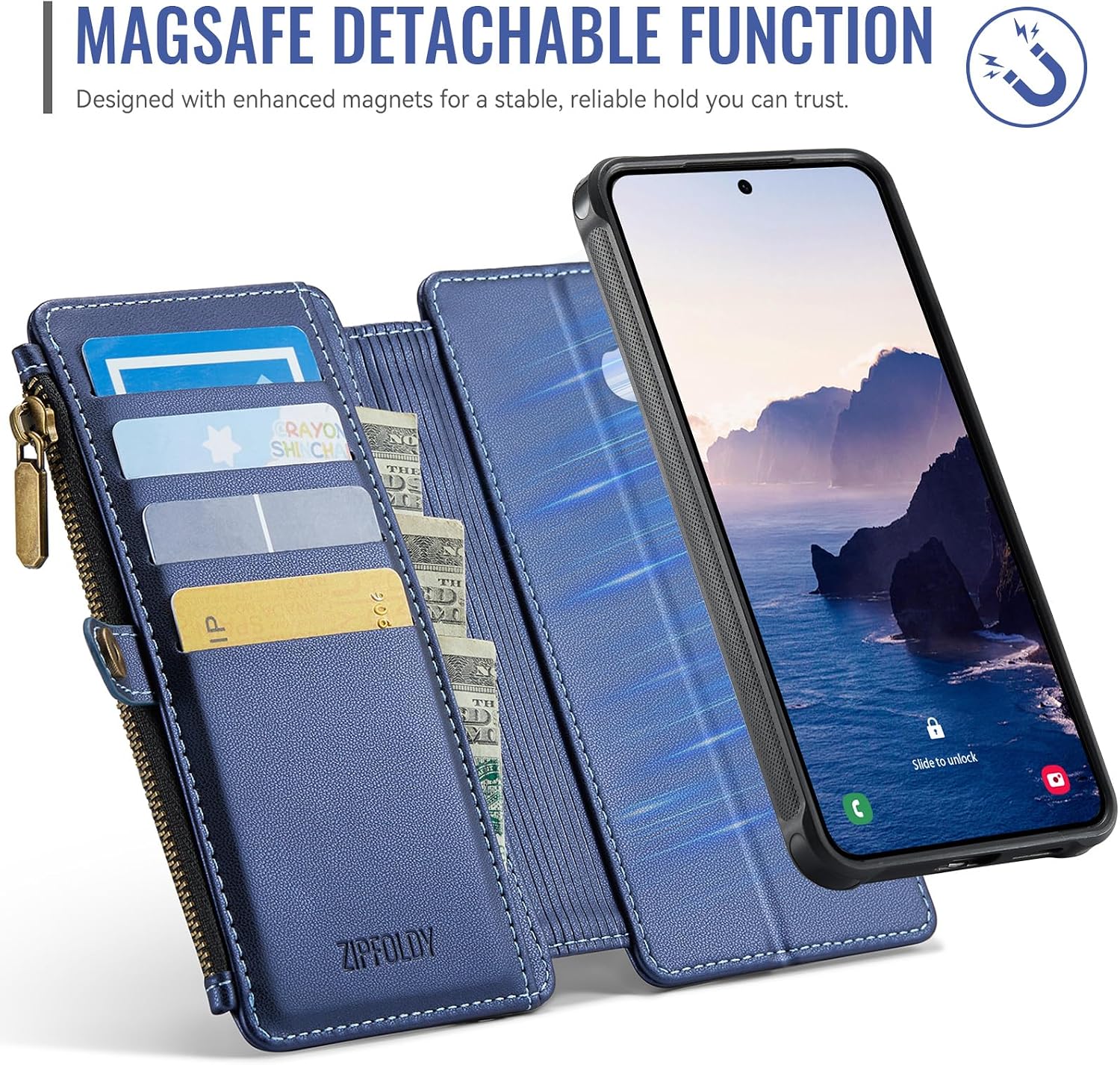 for Galaxy S26 - Phone Case Wallet Magnetic Detachable, Navy Blue