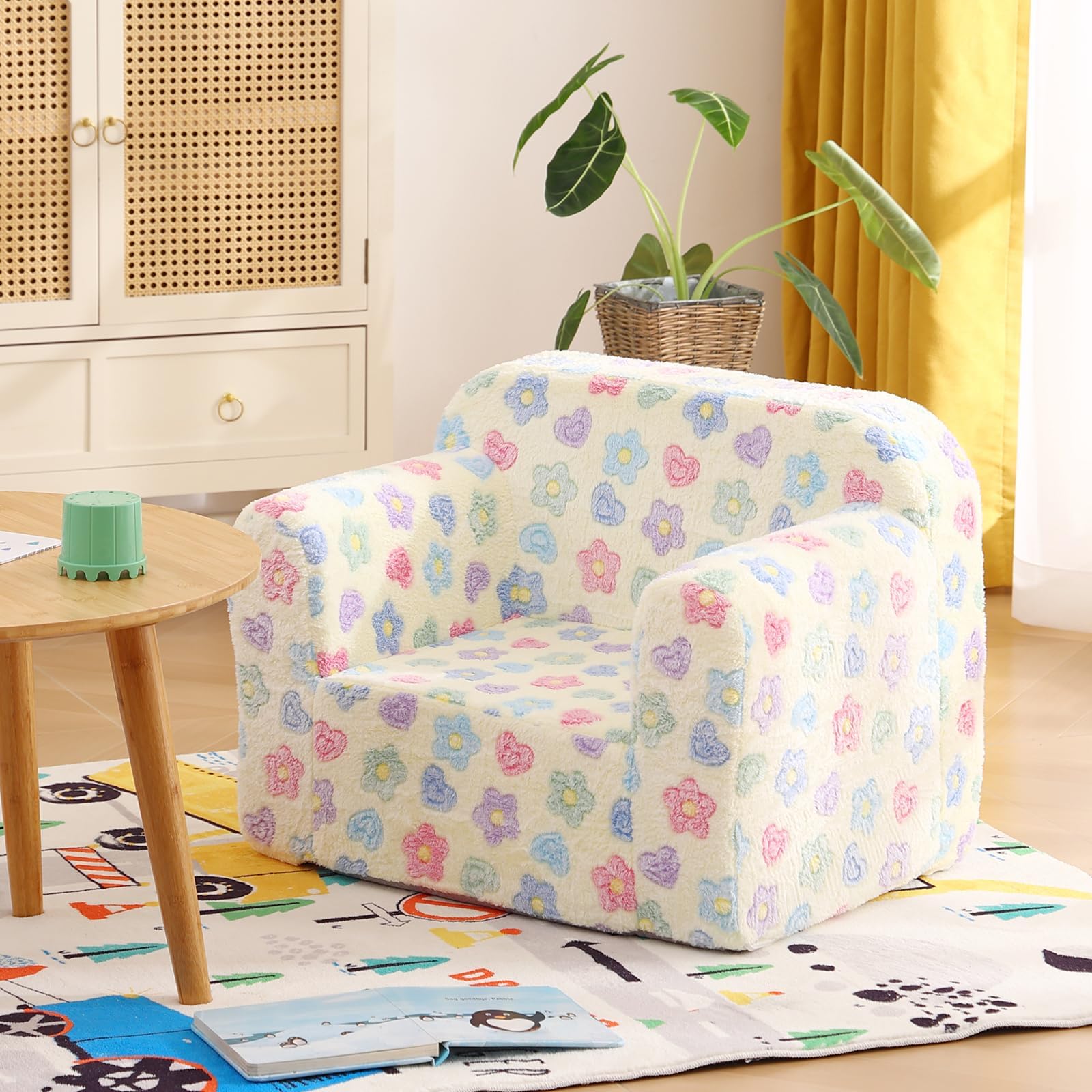 TIITAKids Sofa, Chirldren Couch with Carrying Handle & Side Pockets, Kids Foam Chair, Toddler Armrest Chair,Kids Read Sofa for Girl Or Boy, White Flower