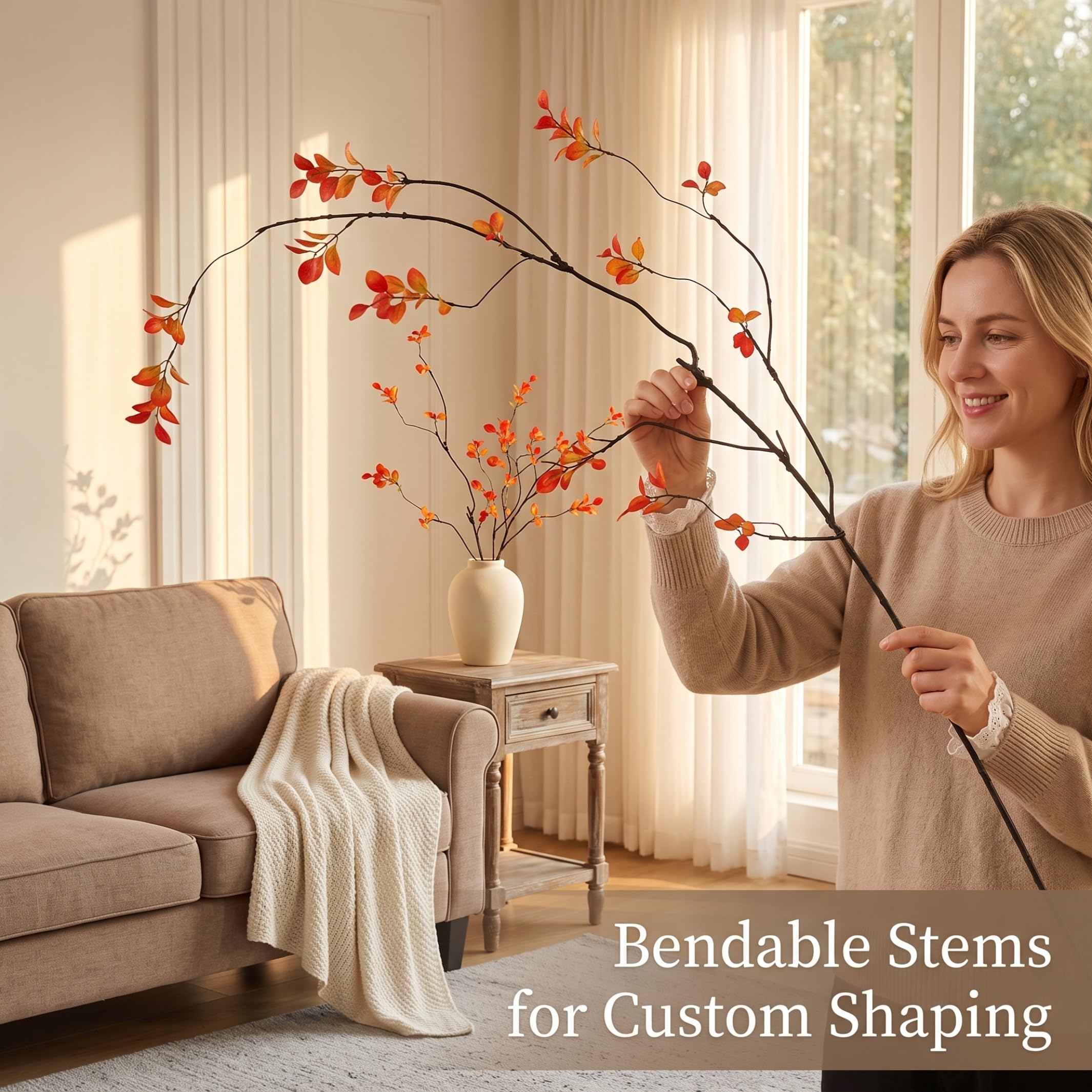 Ramas Artificiales para florero, 4 Piezas de Ramas sintéticas Flexibles, Rojo Anaranjado