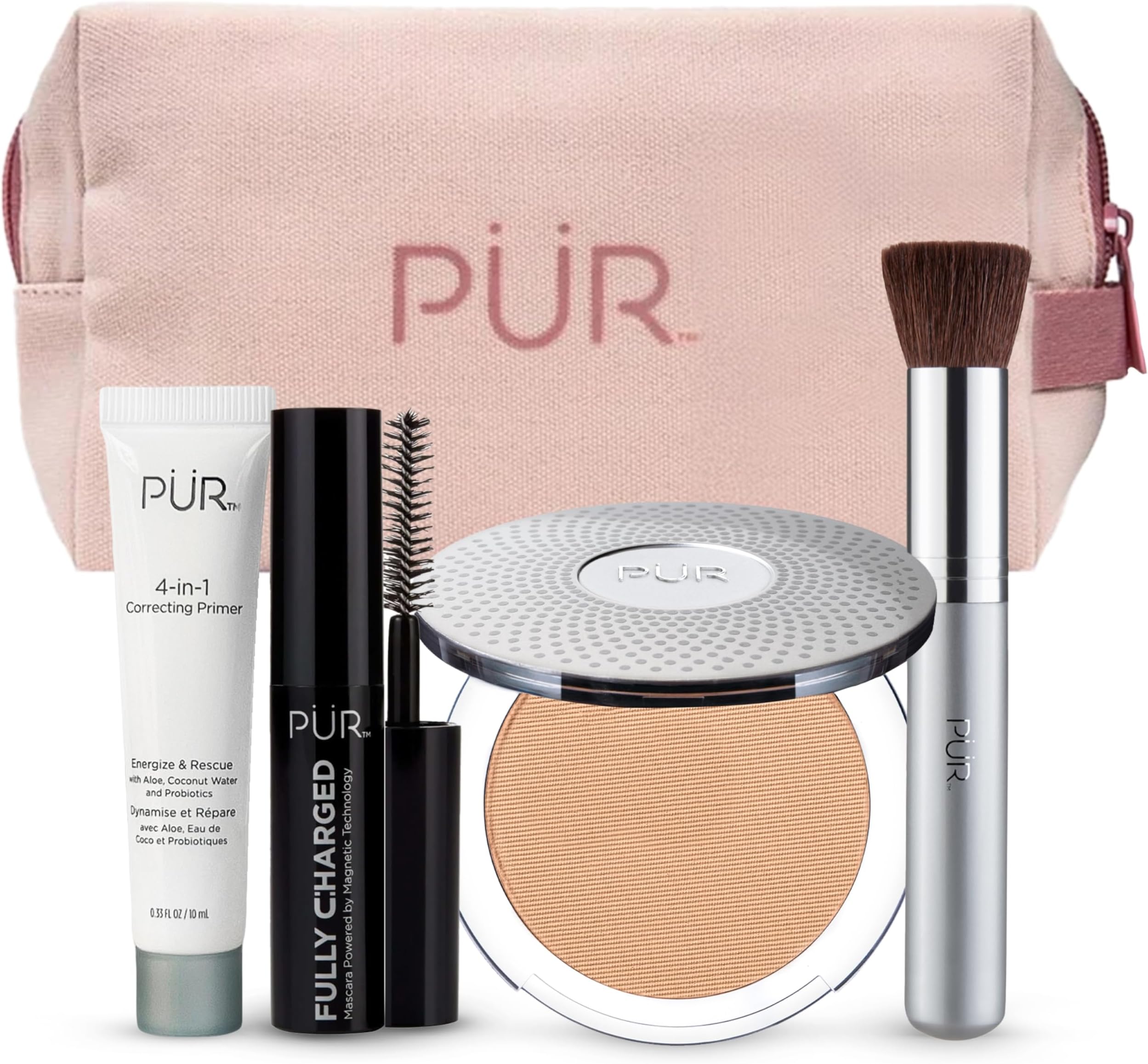 PÜR Minerals Multitasking Essentials Kit - Makeup Gift Set Includes 4-in-1 Correcting Primer, Fully Charged Mascara, 4-in-1 Pressed Mineral Powder & 1 Chisel Brush