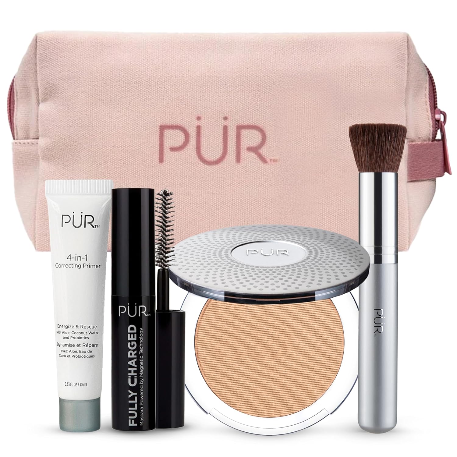 PÜR Minerals Multitasking Essentials Kit - Makeup Gift Set Includes 4-in-1 Correcting Primer, Fully Charged Mascara, 4-in-1 Pressed Mineral Powder & 1 Chisel Brush
