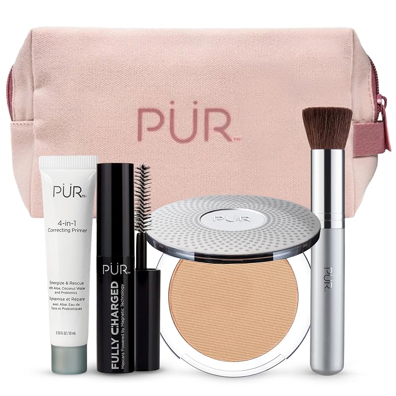 PÜR MINERALS Kit de maquiagem com 5 peças, base mineral compacta Golden Medium, primer, máscara, pincel Chisel Brush e nécessaire
