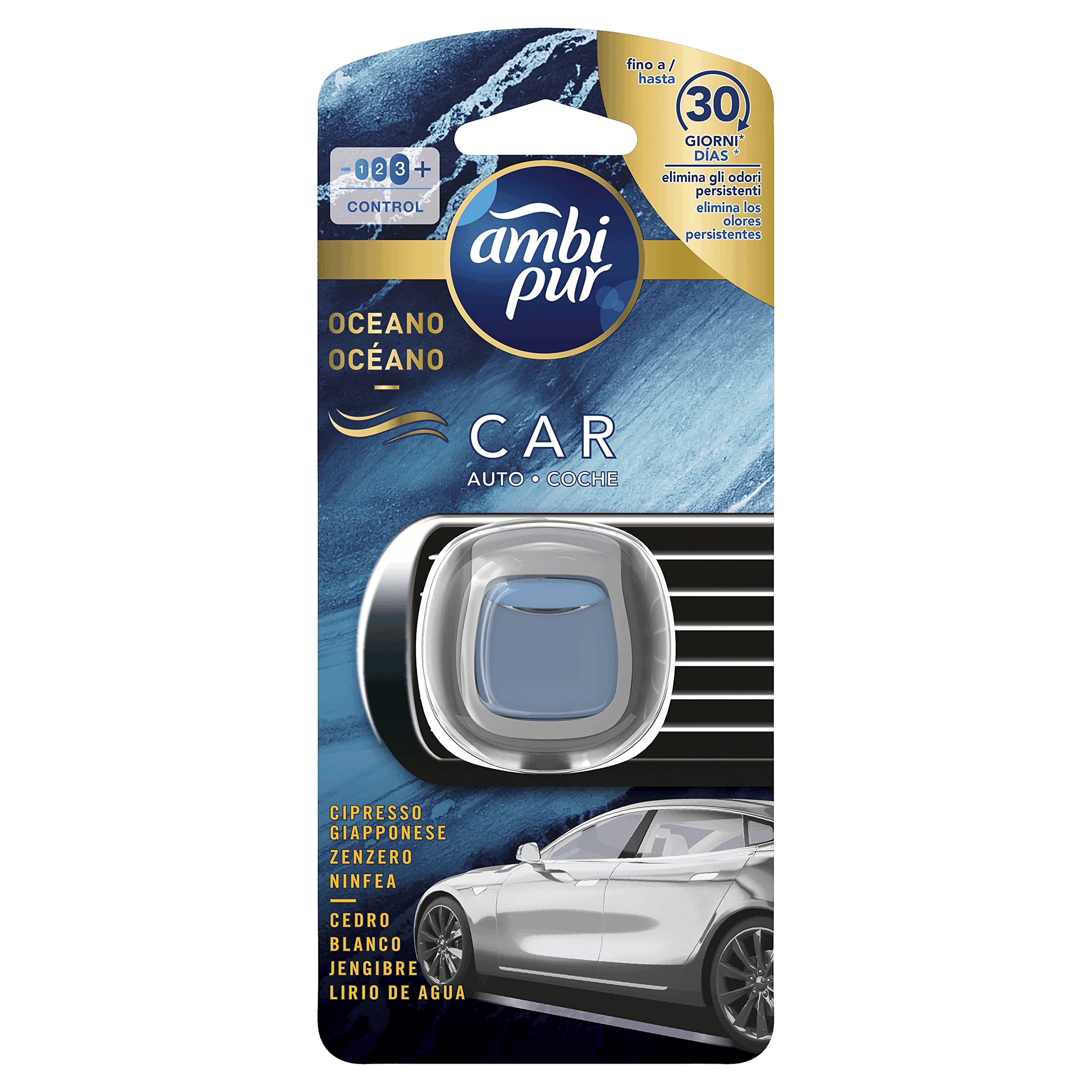 Ambi Pur 4 Pezzi Car Brezza Marina - Deodorante Per Auto Con Clip - Confezione Multipla Da 4 Ricariche