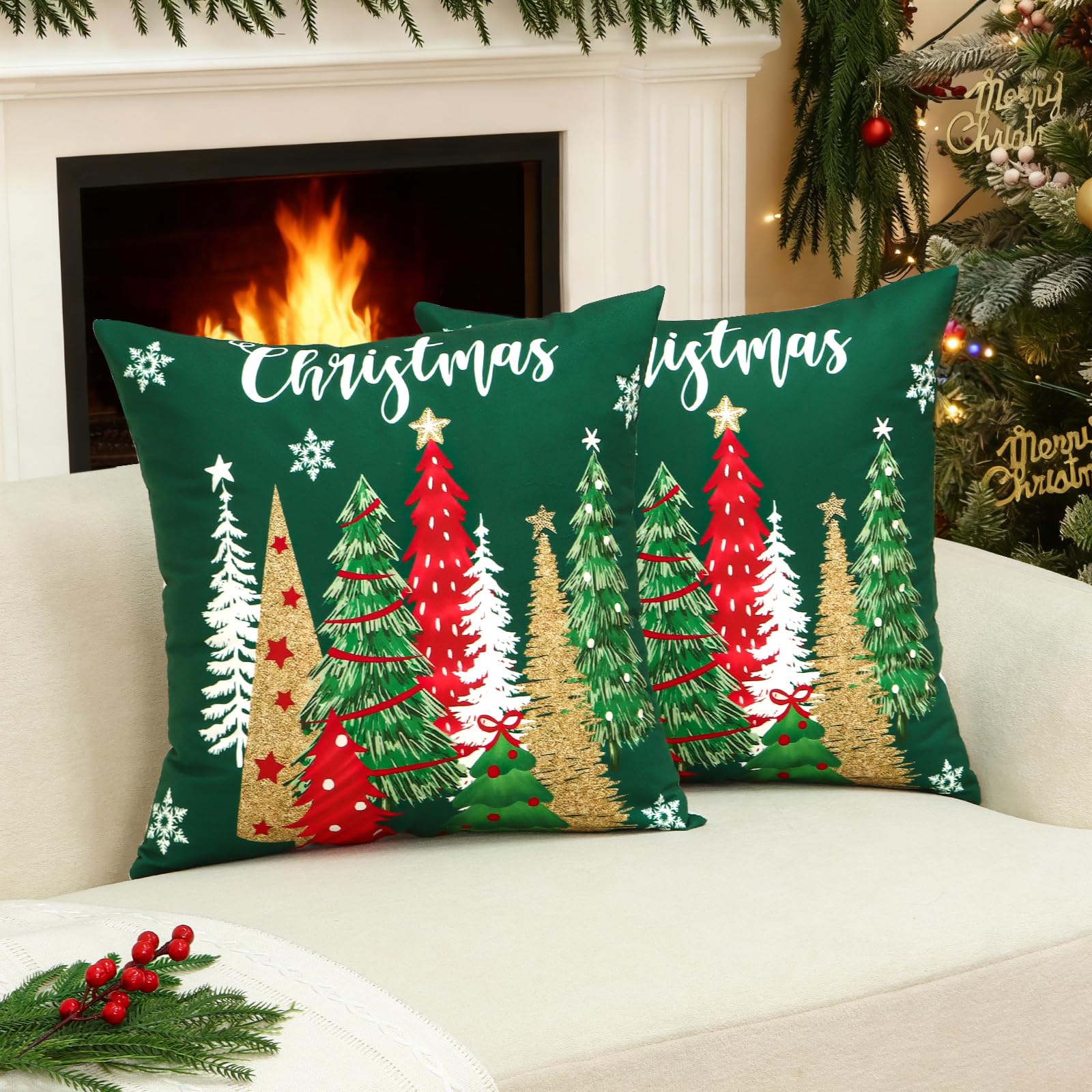 SOMYTING 2 Pcs Christmas Cushion Covers Throw Pillow (Green, 45x45 cm)