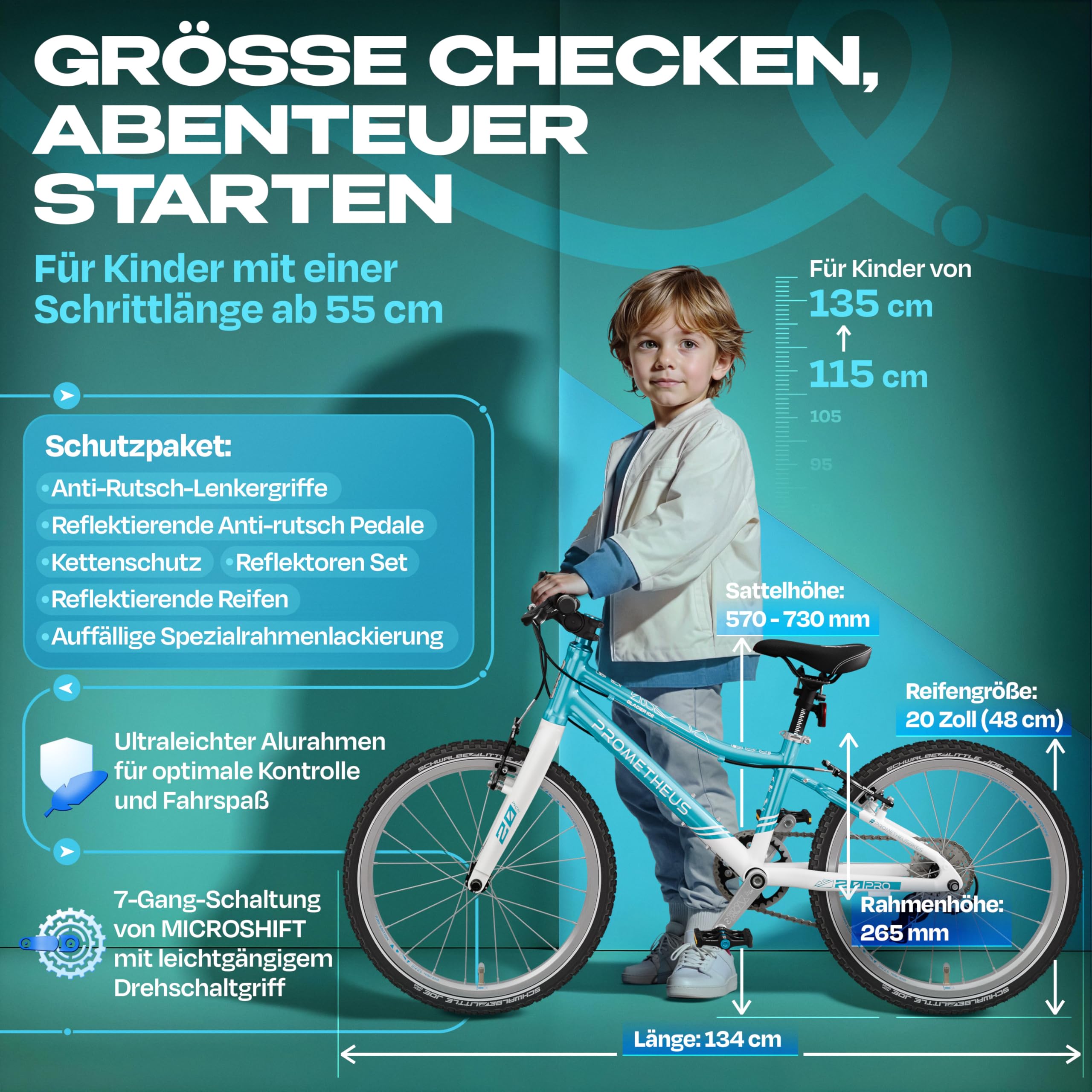 PROMETHEUS BICYCLES PRO Kinderfahrrad 20 Zoll Jungen Mädchen | Premium 20 Zoll Fahrrad Junge Aluminium Super leicht ab 6 Jahre | 7 Gang Schaltung von Microshift