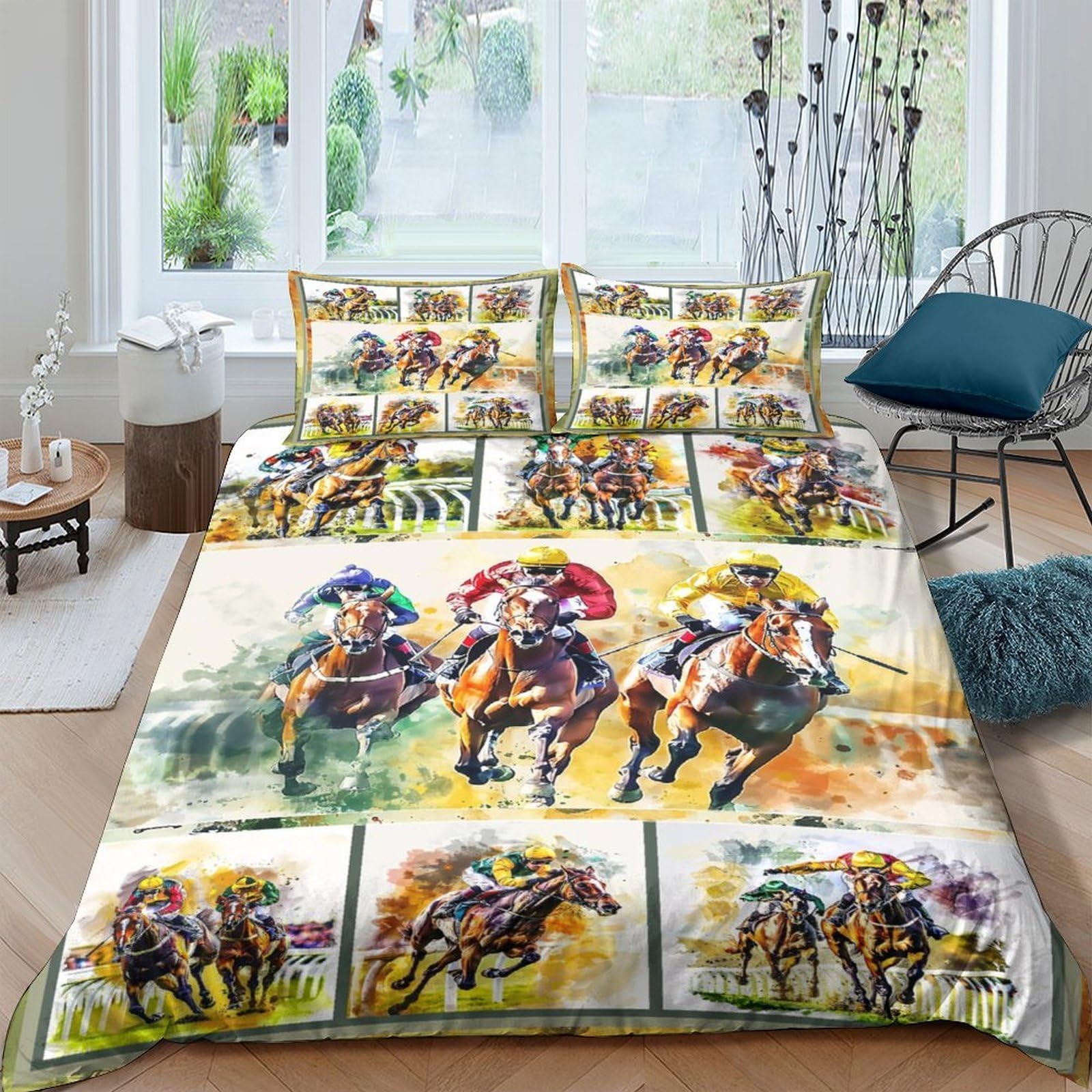 Ctjqhvkz Style-3 3D Printed Horse Racing Fitted Sheet Microfiber Soft Breathable Watercolor Jockey Bed Cover Bedroom Dorm Decor Mattress Protection Single（135X200cm）