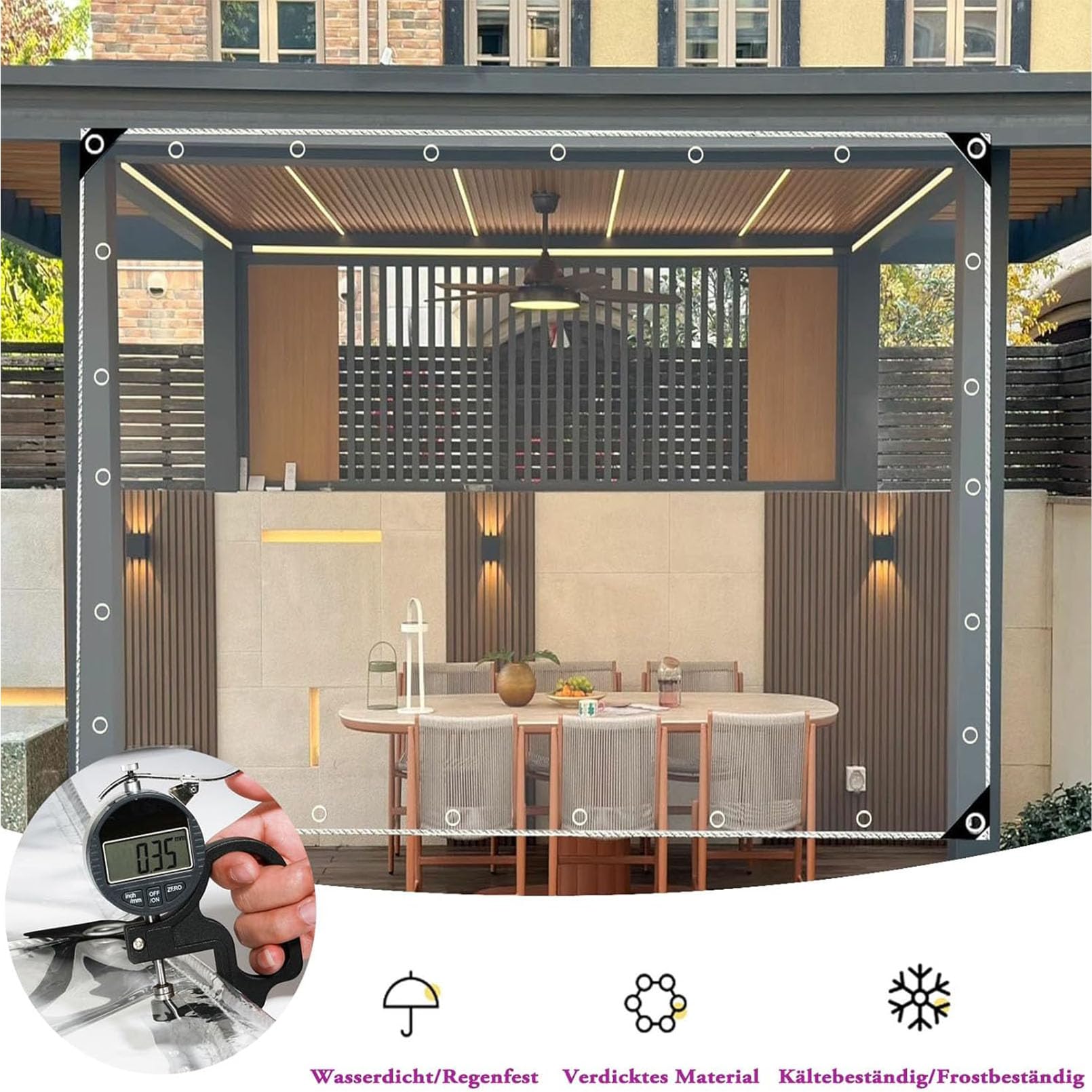 Telo in PVC trasparente con occhielli, telone 420g/m² resistente, 1.5x3m | 0,35mm telo resistente alle intemperie, 30cm distanza occhielli‑antistrappo, protezione trasparente per terrazze, giardini