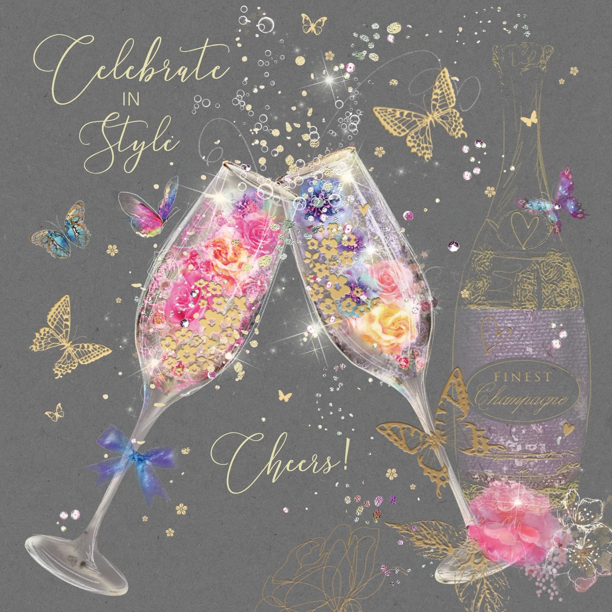 Cherry Orchard Female Celebrate In Style Birthday Card - Champagne Glasses Butterflies