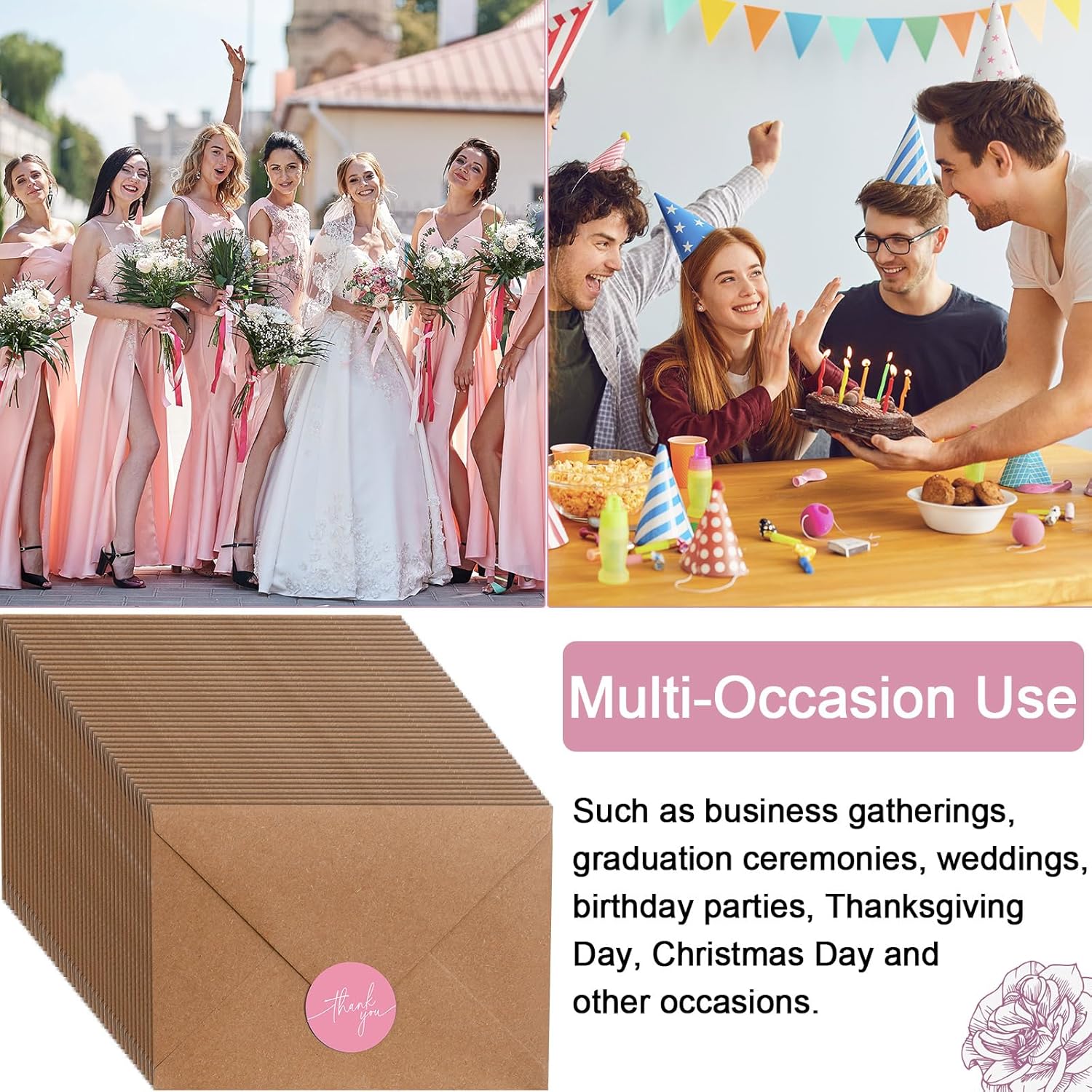 Gueevin 200 Pcs Thank You Cards with Kraft Envelopes and Stickers Bulk, 3.5 x 5 Inch Classy Blank Thank You Notes for Wedding, Business, Graduation, Baby Shower, Bridal Shower, Funeral(Pink)