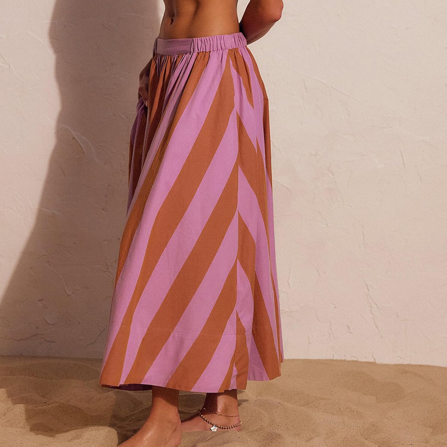 SeeLuNa Women Contrast Striped Midi Skirt Mid Rise Elastic Waist A-Line Boho Skirts Flowy Beach Vacation Outfits with Pockets