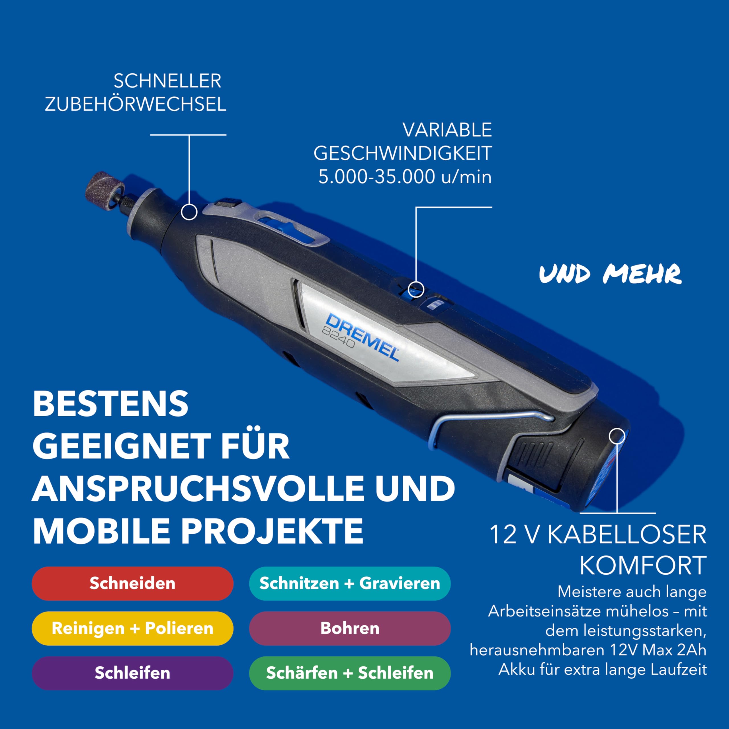 Dremel 8240 Akku-Multitool 12V 2Ah Set mit 2 Akkus, 5 Aufsätzen, 65 Zubehören